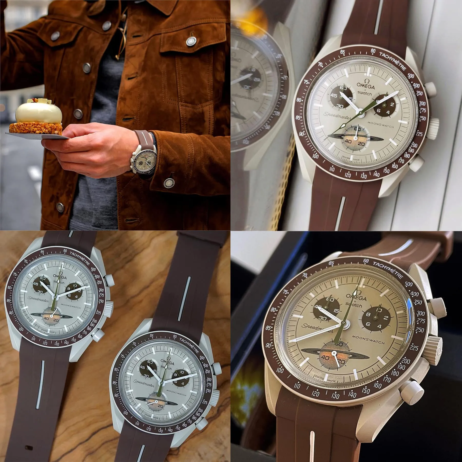 BONACE Cinturino in silicone 20mm per Omega x Swatch MoonSwatch Speedmaster, linea bianca marrone - immagine 2