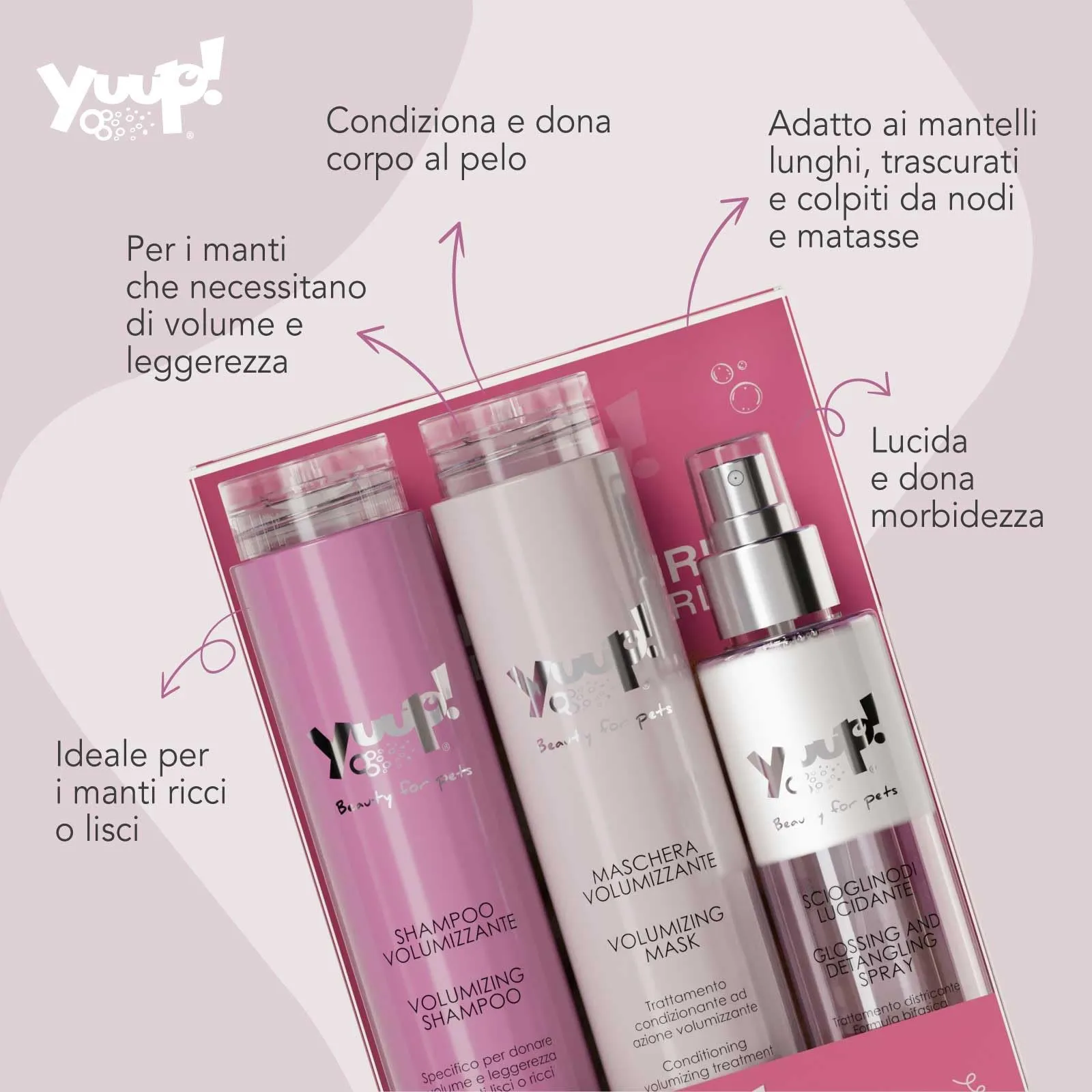 Yuup Kit Volume e Ricci - Shampoo Volumizzante, Maschera Volumizzante e Scioglinodi Lucidante per Cani e Gatti - immagine 2