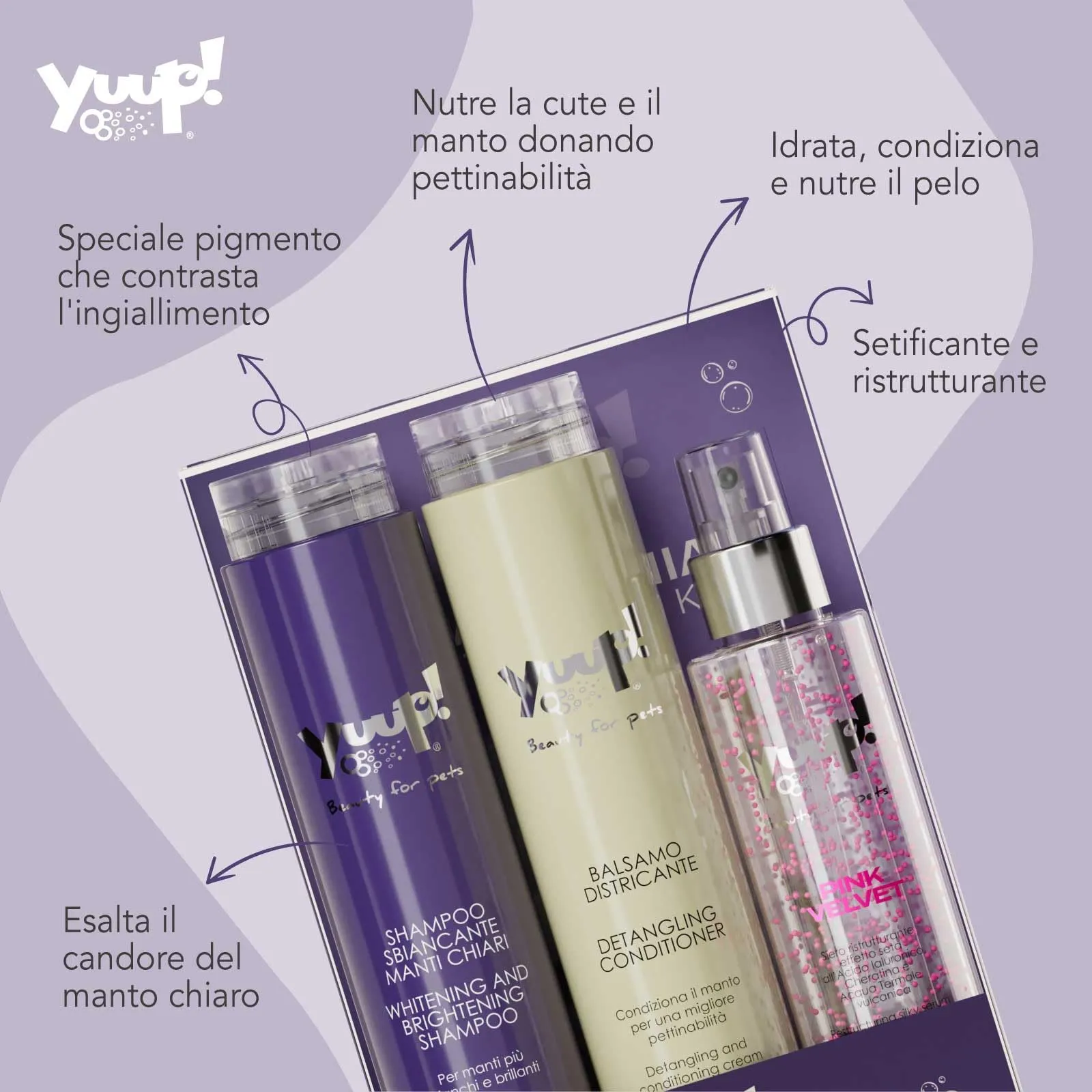 Yuup Kit Manti Chiari - Shampoo Sbiancante, Balsamo Districante e Pink Velvet per Cani e Gatti - immagine 2