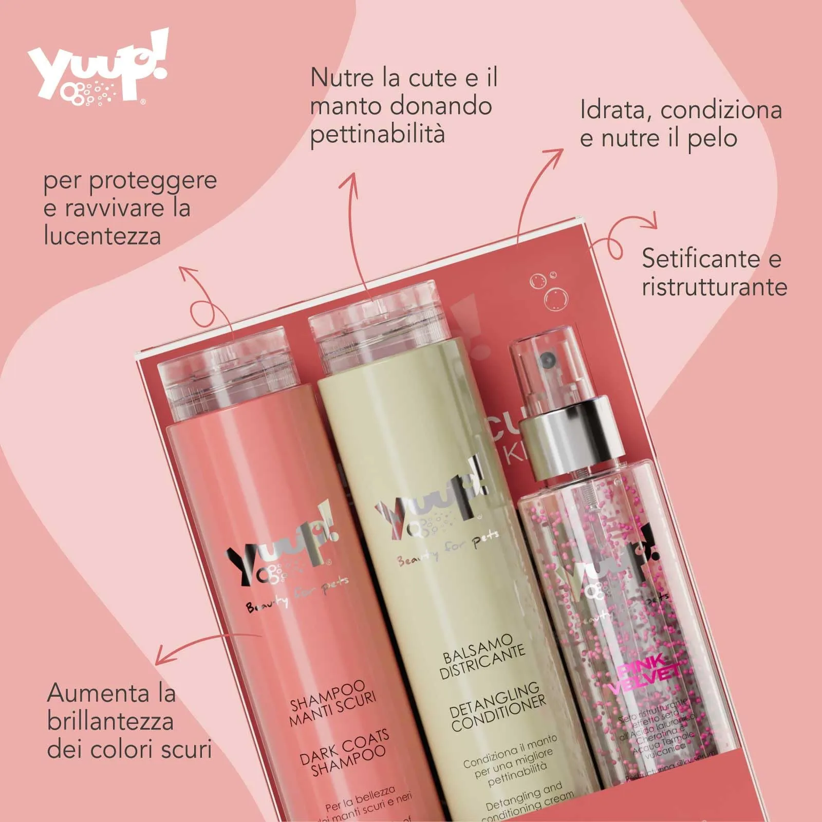 Yuup Kit Manti Scuri - Shampoo, Balsamo Districante e Pink Velvet per Cani e Gatti - immagine 2