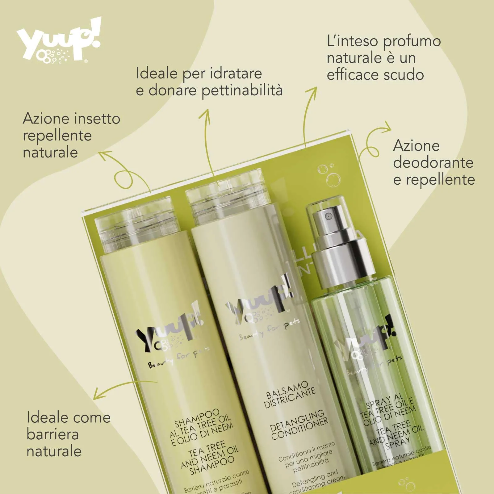 Yuup Kit Insetto Repellenza - Shampoo, Balsamo Districante e Spray al Tea Tree Oil e Olio di Neem per Cani e Gatti - immagine 2