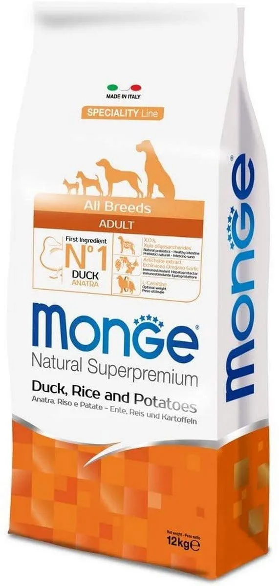 Monge Natural Superpremium Monoprotein Adult Duck with Rice and Potatoes Dog Food, 12 kg - immagine 1
