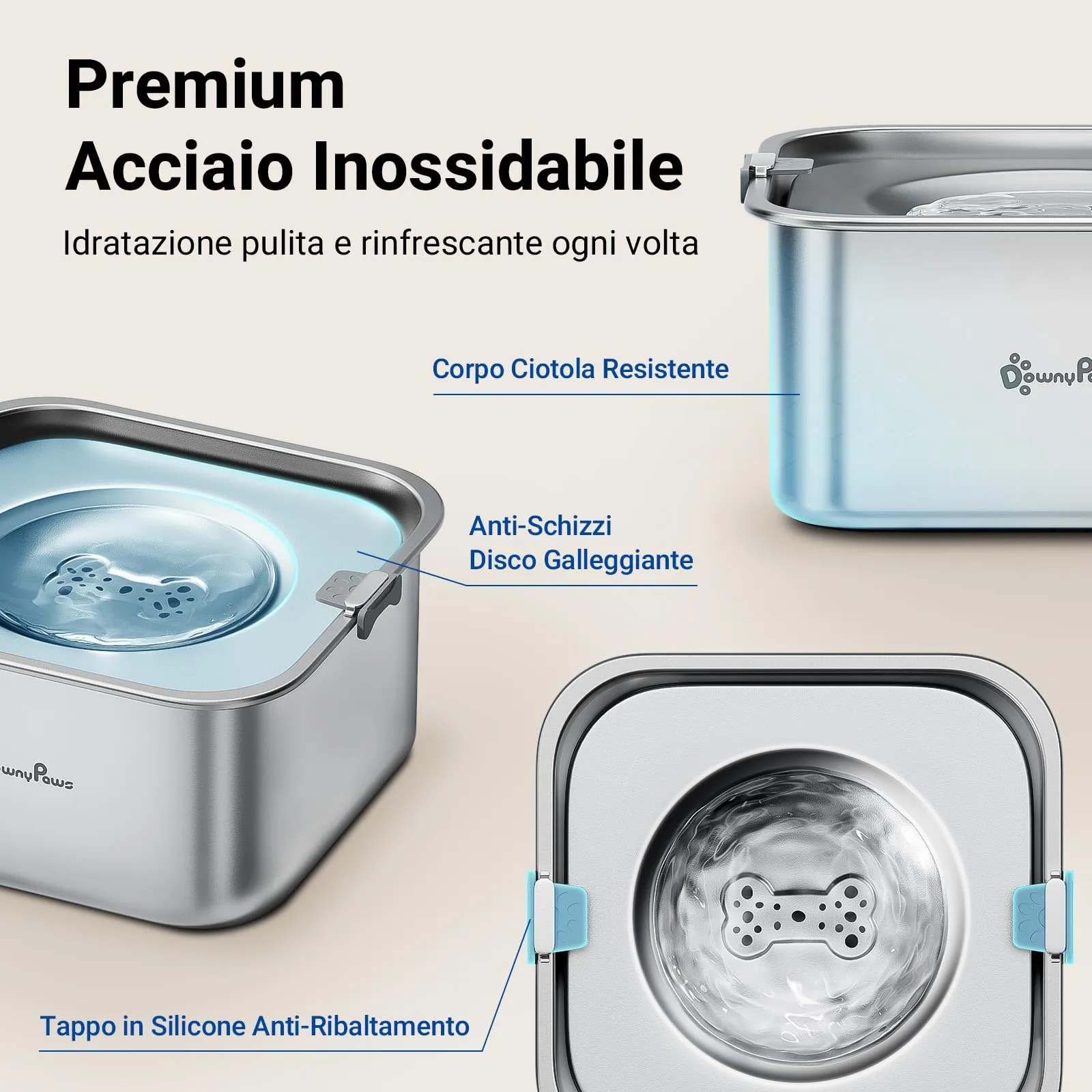 DownyPaws Ciotola Acqua Cane Antigoccia in Acciaio Inox, 3 L - immagine 6