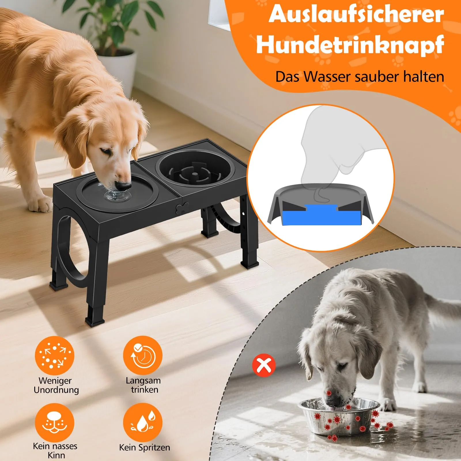 X XBEN Ciotole per Cani 3-in-1 Rialzate, 5 Altezze Regolabili, Ciotola Anti Ingozzamento 1L e Ciotola Acqua Antigoccia 1,4L, Pieghevole e Antiscivolo - immagine 4