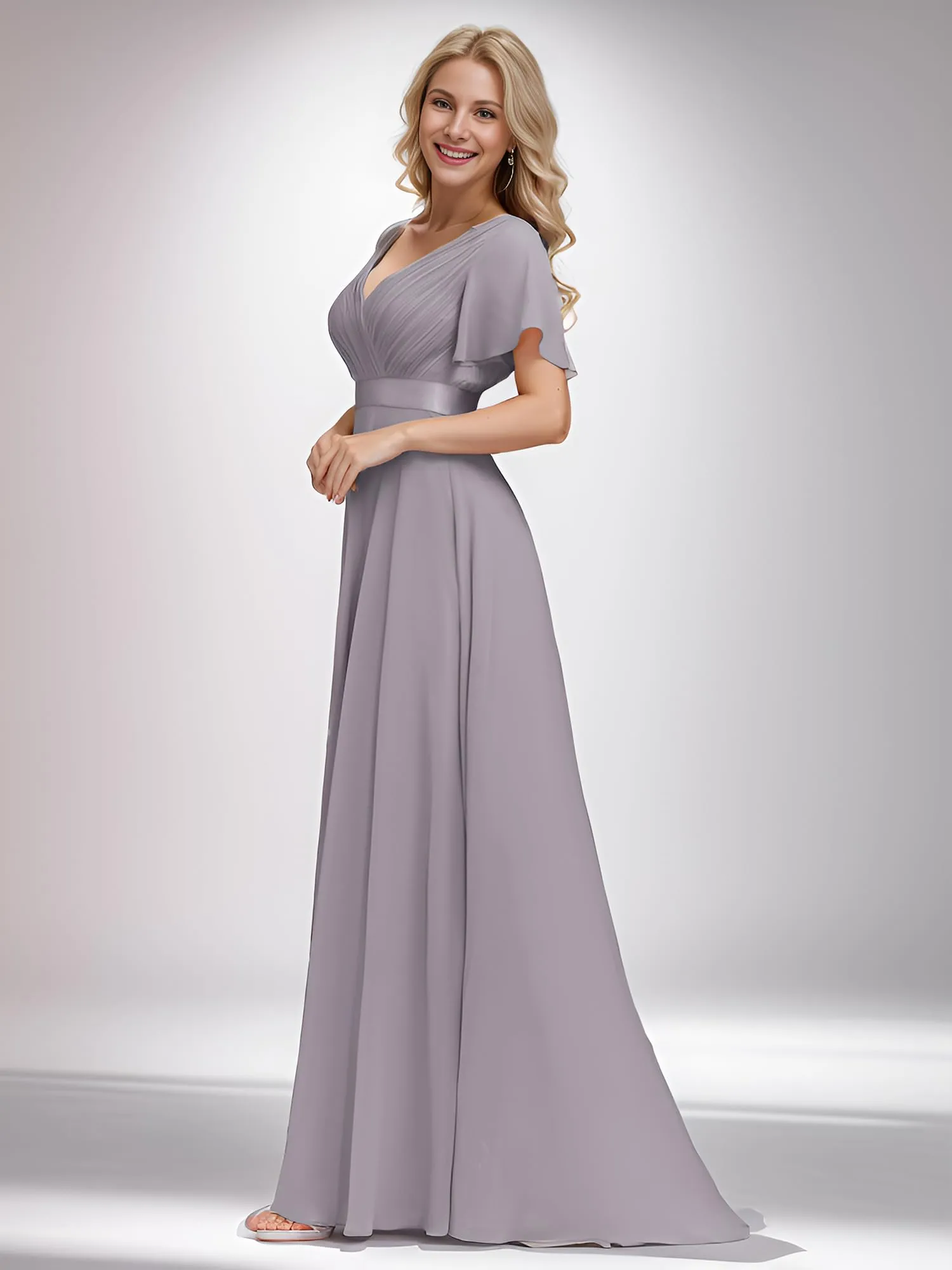 Ever-Pretty Abito da Sera a Linea A con Maniche a Volant, Grigio, Taglia 50 - immagine 2