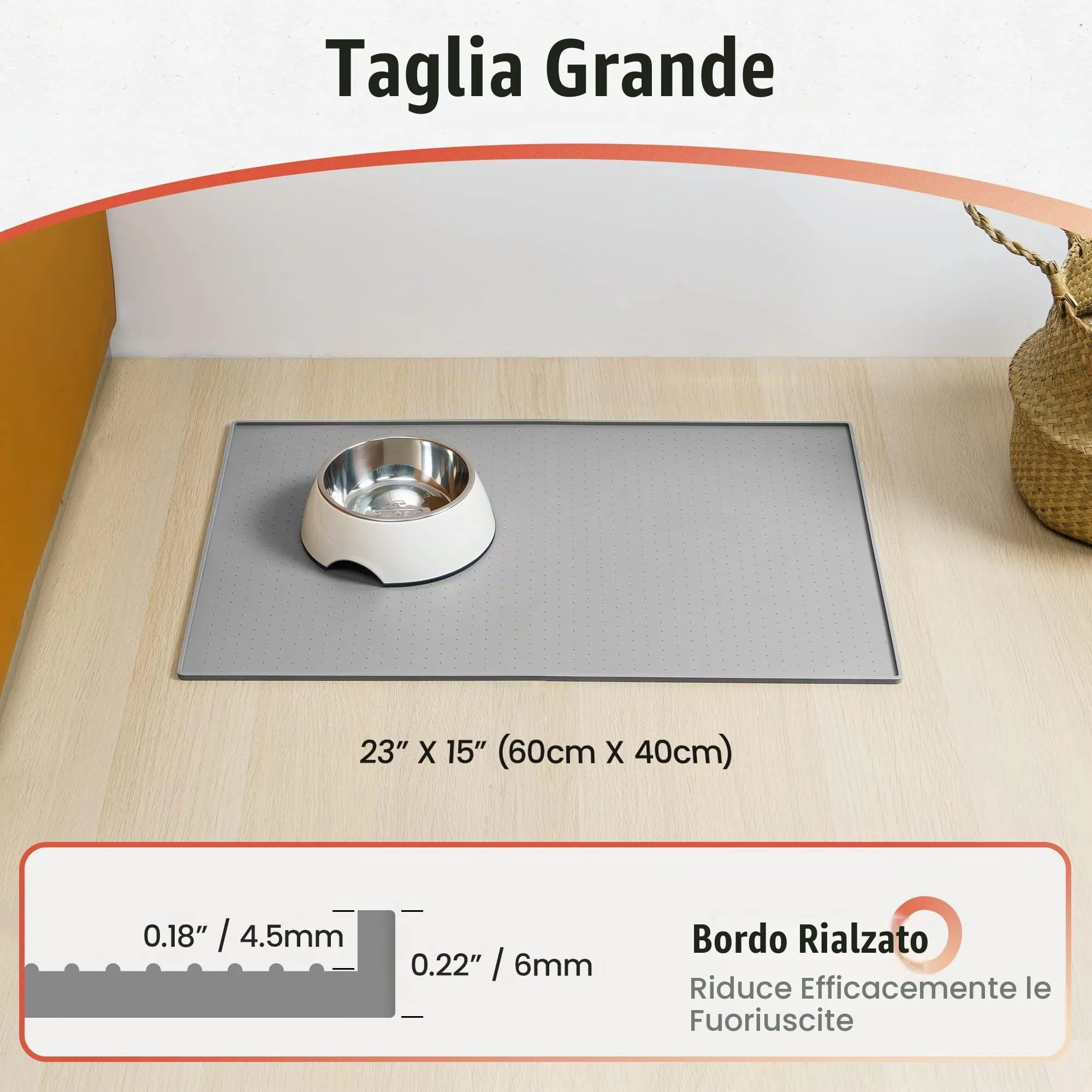 Conlun Tappetino Alimenti per Cani e Gatti in Silicone Antiscivolo, 60 x 40 cm, Grigio - immagine 3