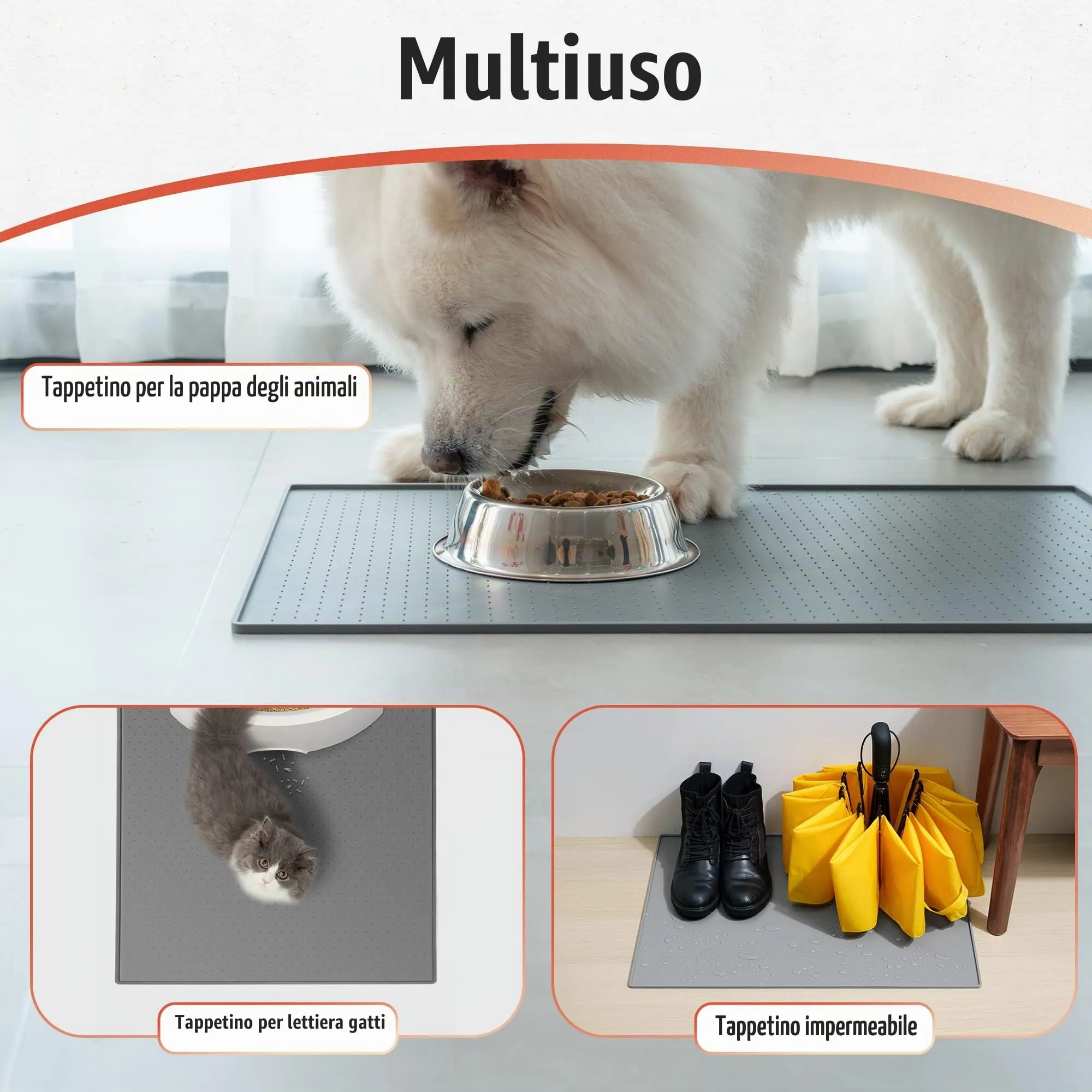 Conlun Tappetino Alimenti per Cani e Gatti in Silicone Antiscivolo, 60 x 40 cm, Grigio - immagine 6