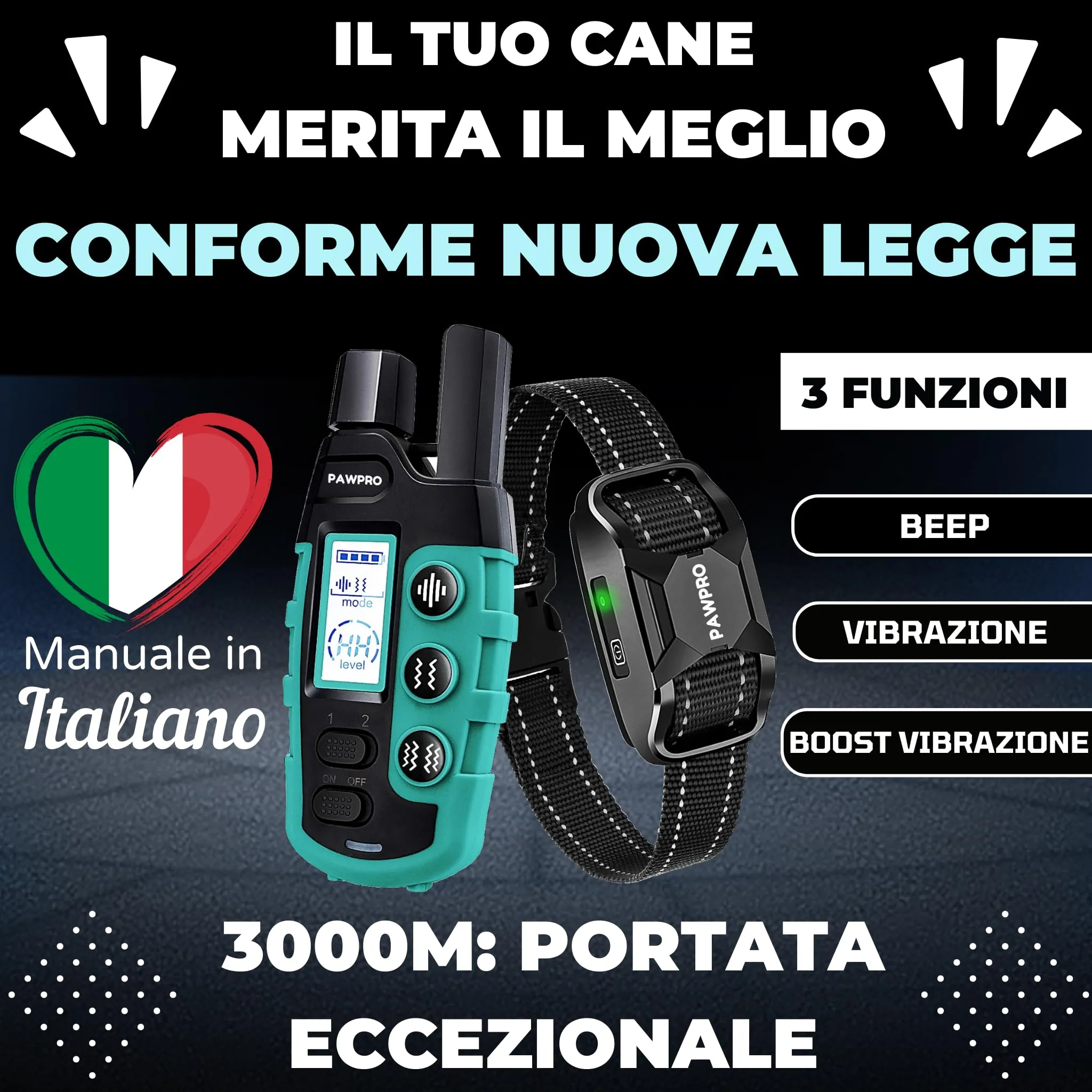 PAWPRO Collare da Addestramento per Cani, Portata 3000 m, Modalità Beep, Vibrazione e Boost Vibrazione, per Tutte le Taglie, Manuale IT - immagine 2