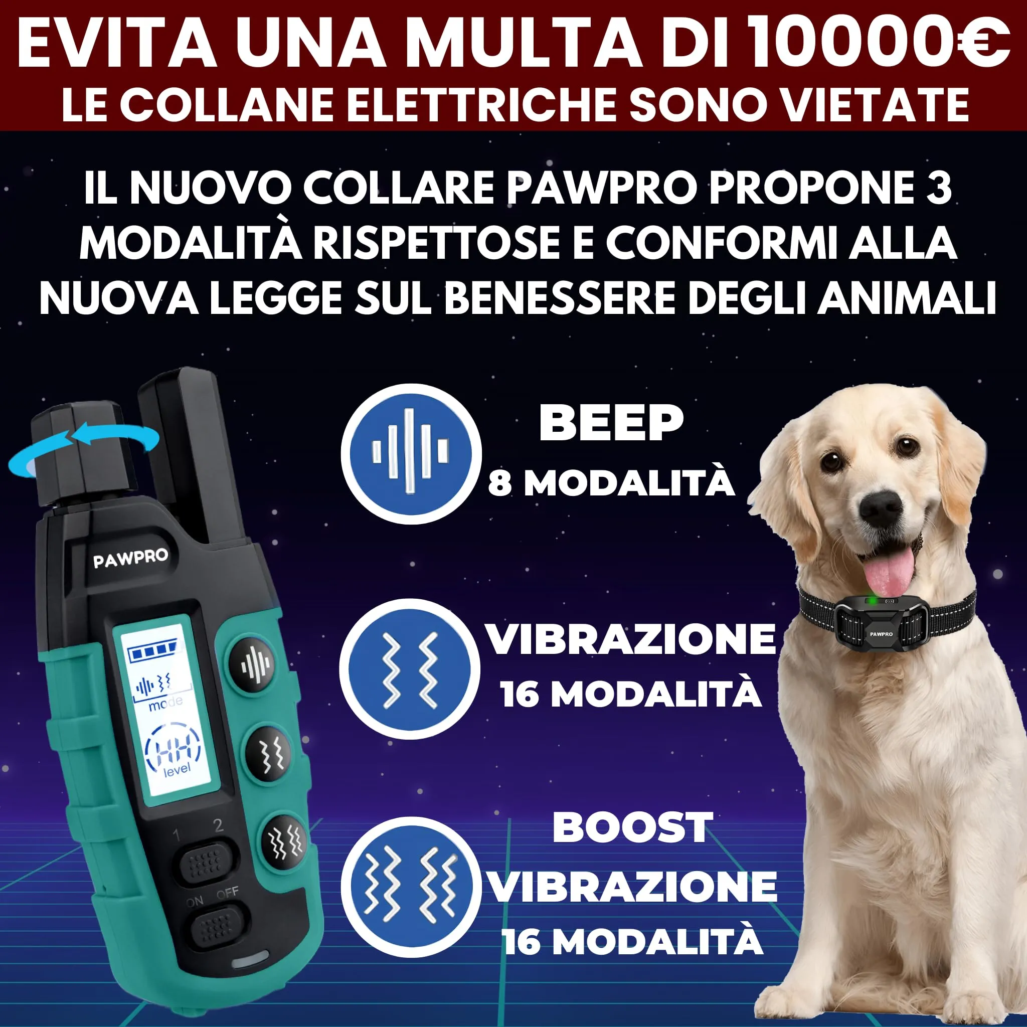 PAWPRO Collare da Addestramento per Cani, Portata 3000 m, Modalità Beep, Vibrazione e Boost Vibrazione, per Tutte le Taglie, Manuale IT - immagine 4