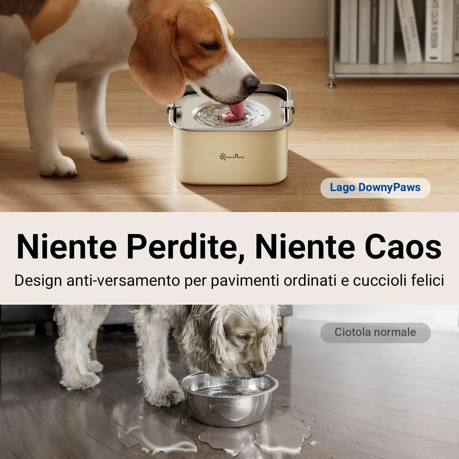 DownyPaws Ciotola Acqua Cane Antigoccia in Acciaio Inox, 3 L, Beige - immagine 2
