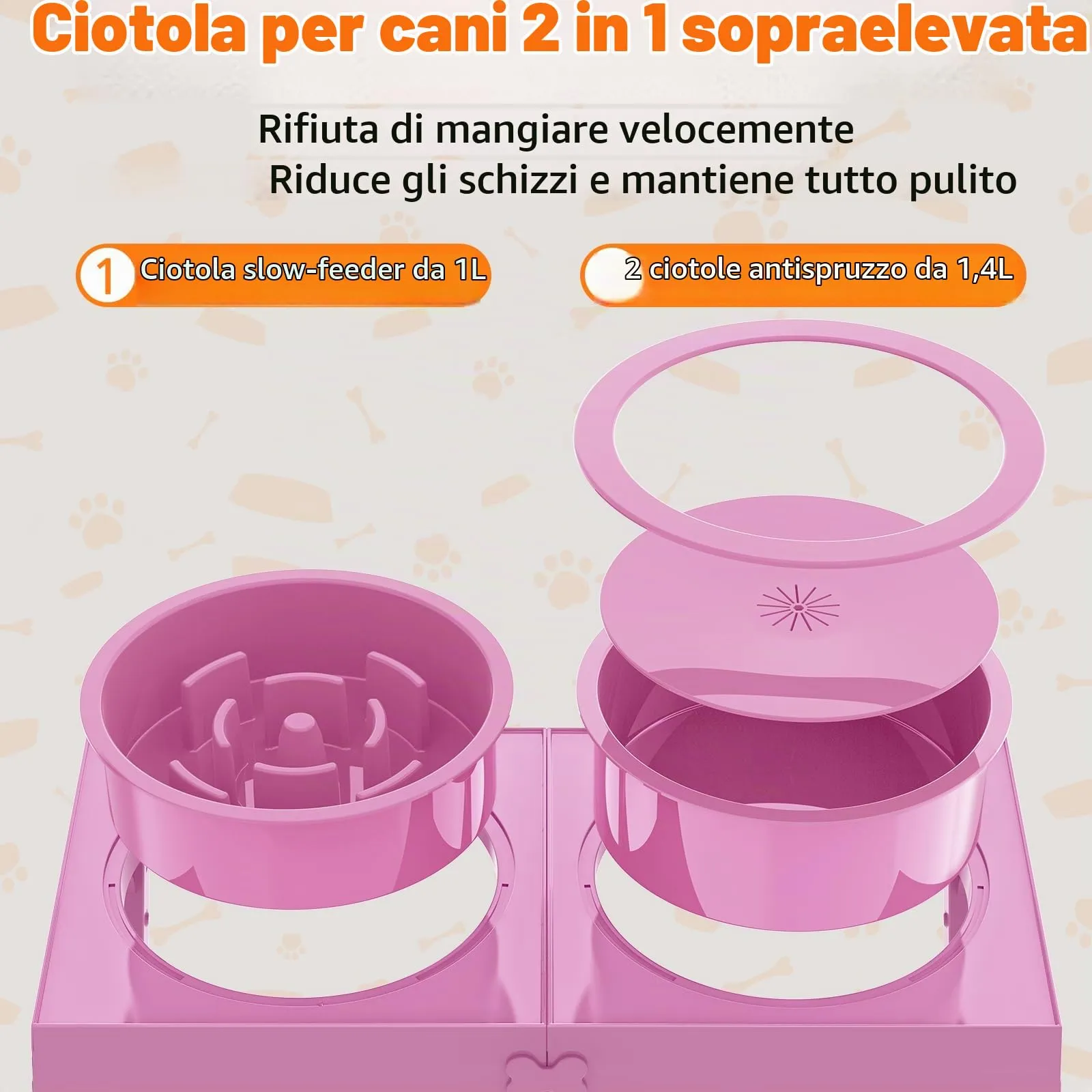 X XBEN Ciotole per Cani 3-in-1 Rialzate, 5 Altezze Regolabili, Ciotola Anti-Ingozzamento 1L e Ciotola Antigoccia 1,4L, Pieghevole e Antiscivolo, Rosa - immagine 2