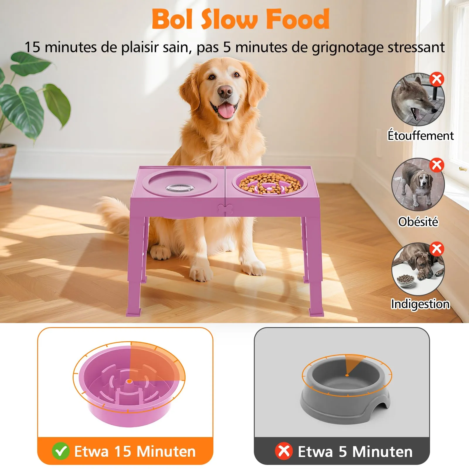 X XBEN Ciotole per Cani 3-in-1 Rialzate, 5 Altezze Regolabili, Ciotola Anti-Ingozzamento 1L e Ciotola Antigoccia 1,4L, Pieghevole e Antiscivolo, Rosa - immagine 3