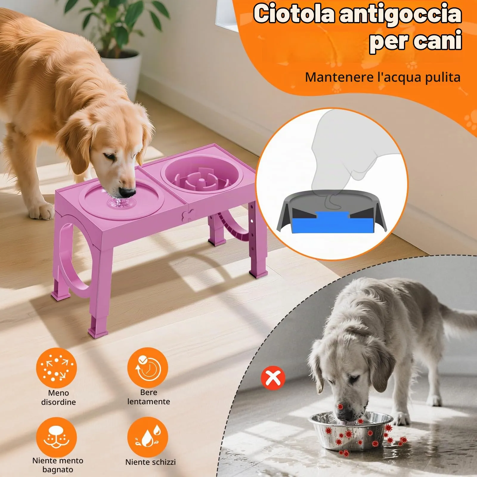 X XBEN Ciotole per Cani 3-in-1 Rialzate, 5 Altezze Regolabili, Ciotola Anti-Ingozzamento 1L e Ciotola Antigoccia 1,4L, Pieghevole e Antiscivolo, Rosa - immagine 4