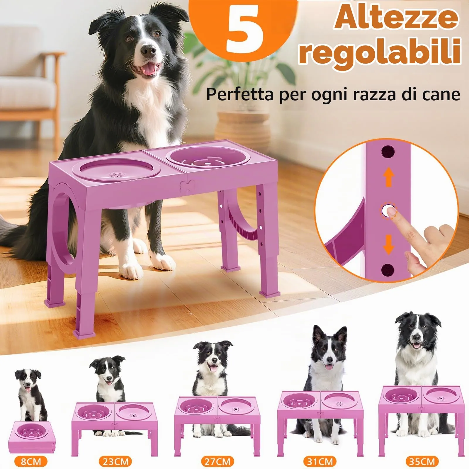 X XBEN Ciotole per Cani 3-in-1 Rialzate, 5 Altezze Regolabili, Ciotola Anti-Ingozzamento 1L e Ciotola Antigoccia 1,4L, Pieghevole e Antiscivolo, Rosa - immagine 6