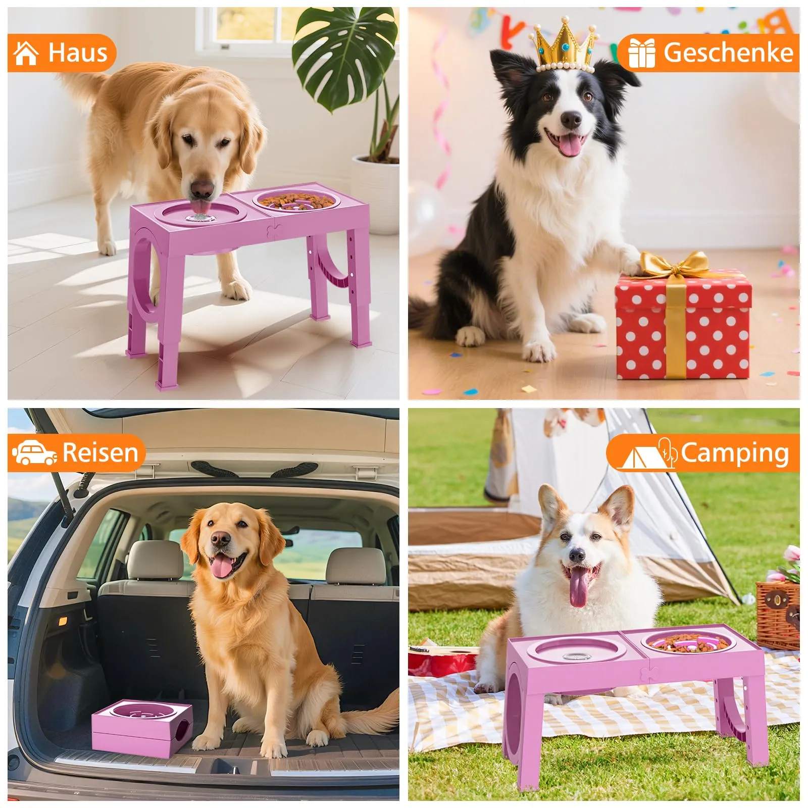 X XBEN Ciotole per Cani 3-in-1 Rialzate, 5 Altezze Regolabili, Ciotola Anti-Ingozzamento 1L e Ciotola Antigoccia 1,4L, Pieghevole e Antiscivolo, Rosa - immagine 7