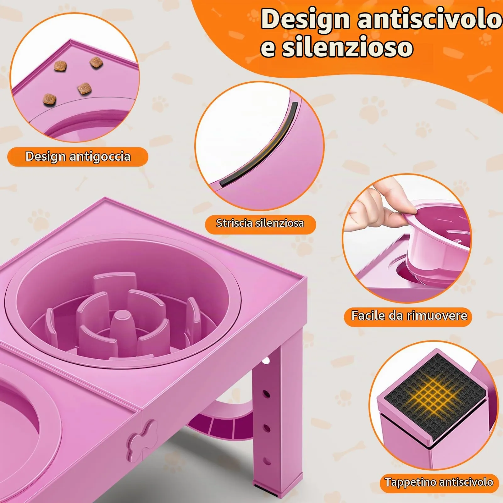 X XBEN Ciotole per Cani 3-in-1 Rialzate, 5 Altezze Regolabili, Ciotola Anti-Ingozzamento 1L e Ciotola Antigoccia 1,4L, Pieghevole e Antiscivolo, Rosa - immagine 8