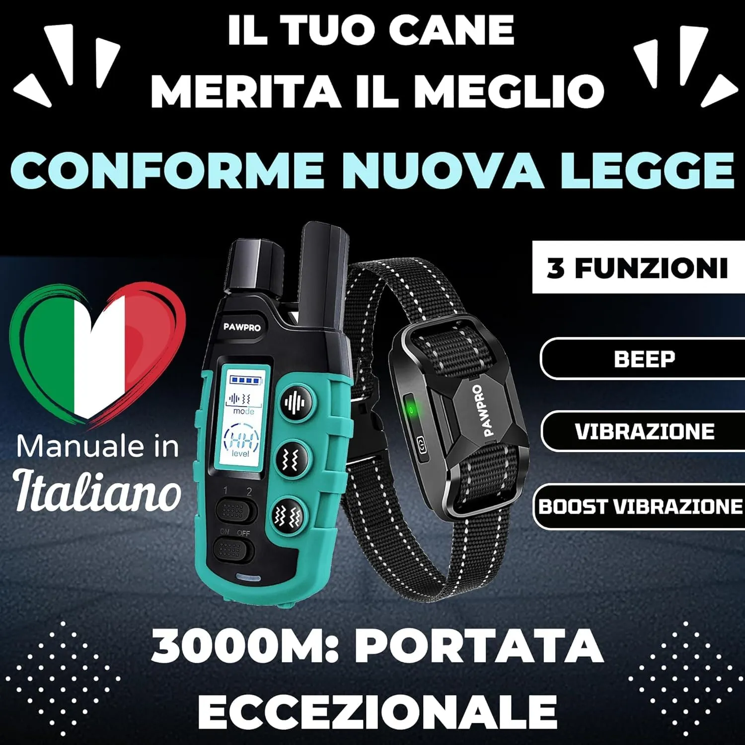 PAWPRO Collare da Addestramento per Cani, Portata 3000m, Modalità Beep, Vibrazione e Boost Vibrazione, Per Tutte le Taglie (2 Collari) - immagine 2