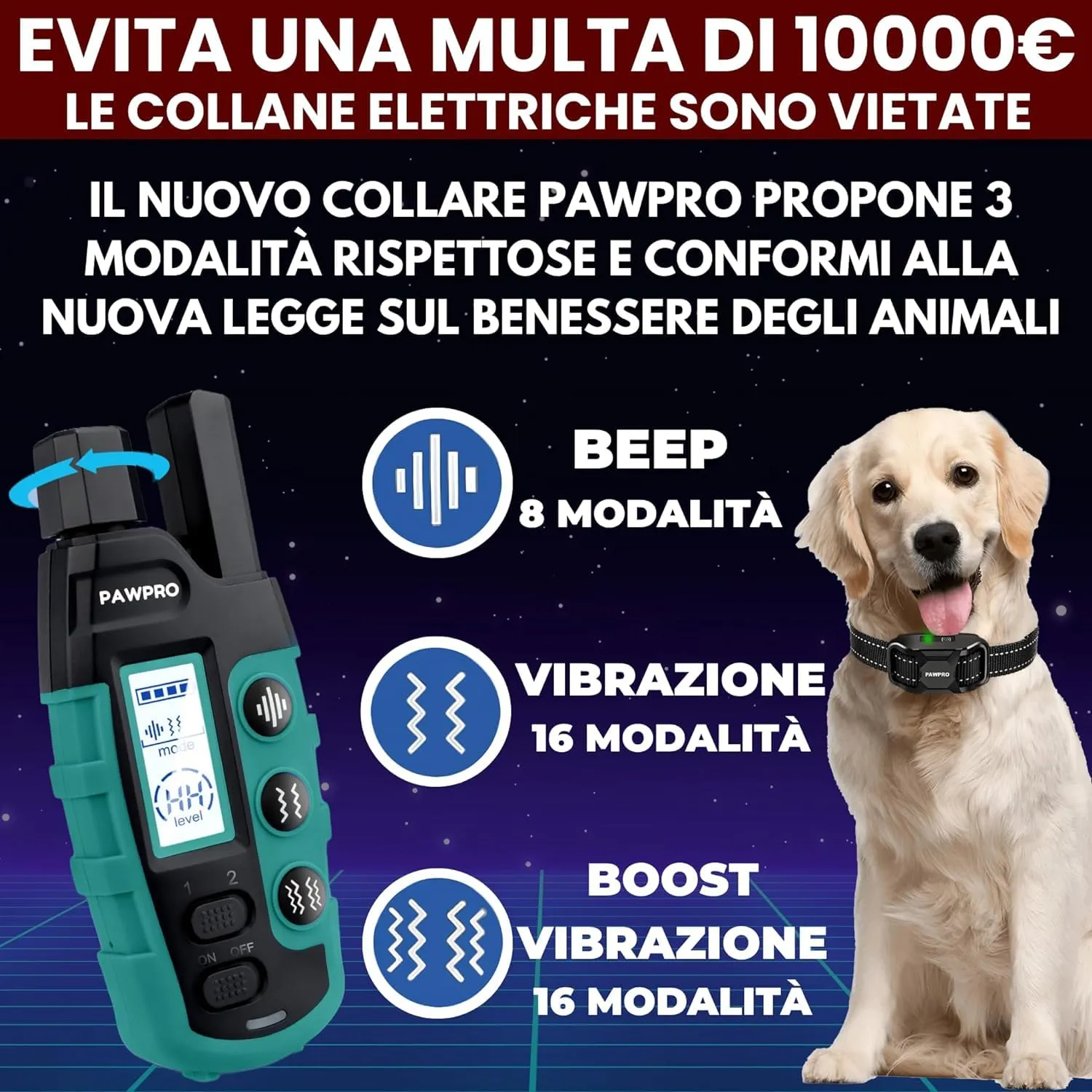 PAWPRO Collare da Addestramento per Cani, Portata 3000m, Modalità Beep, Vibrazione e Boost Vibrazione, Per Tutte le Taglie (2 Collari) - immagine 4