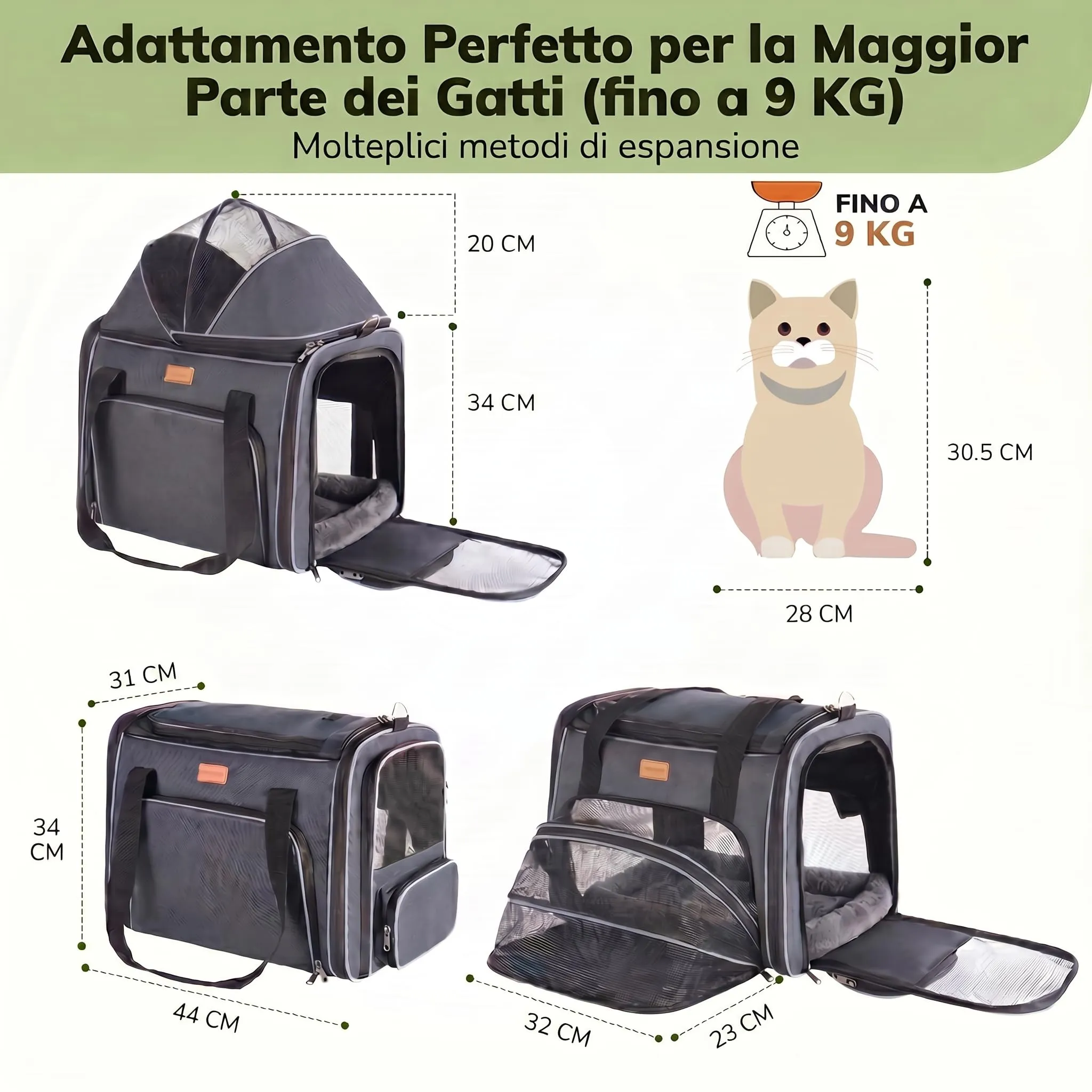 Morpilot Trasportino per Gatti e Cani fino a 7 kg, Pieghevole ed Espandibile, 44x31x34 cm, Grigio Argento - immagine 2