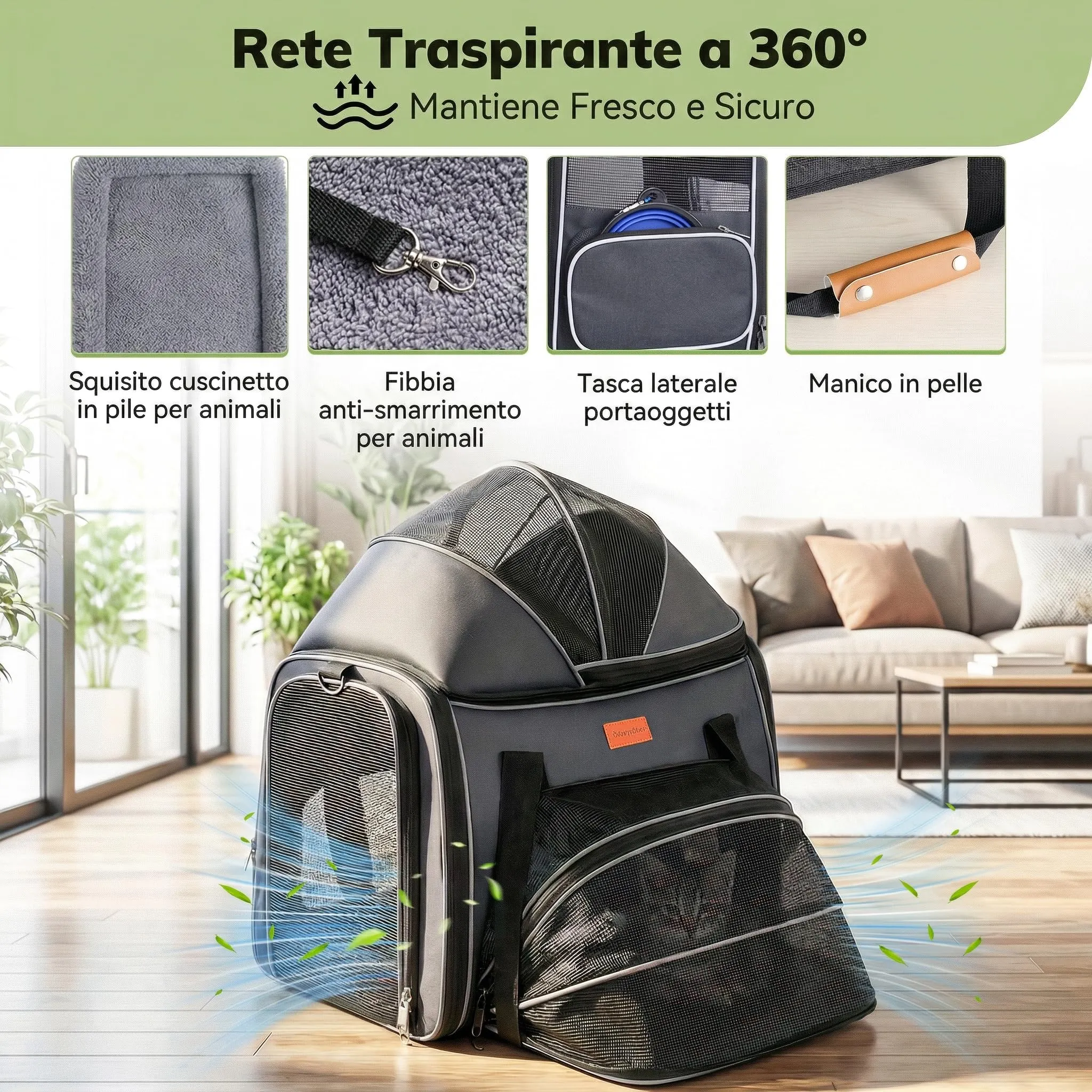 Morpilot Trasportino per Gatti e Cani fino a 7 kg, Pieghevole ed Espandibile, 44x31x34 cm, Grigio Argento - immagine 4