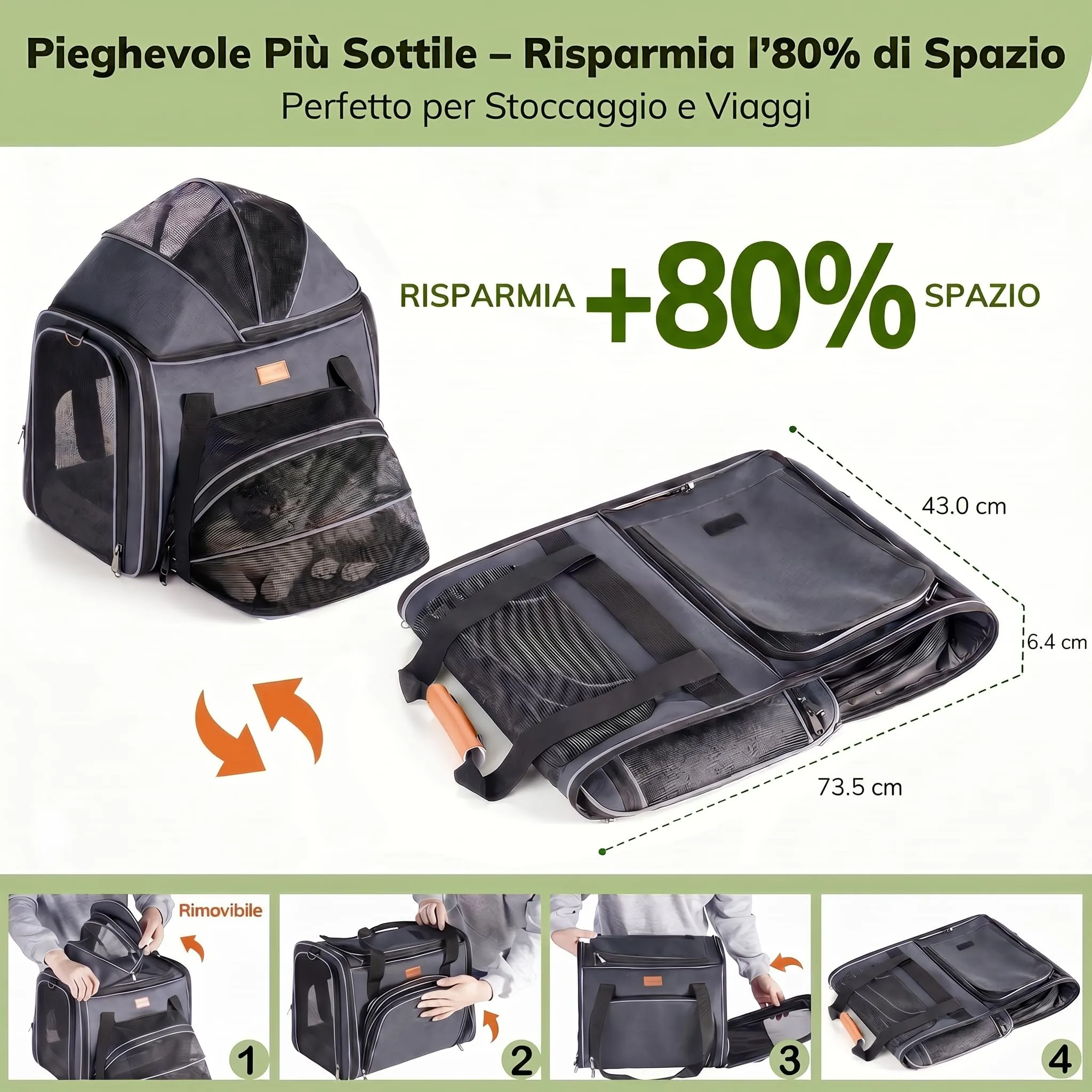 Morpilot Trasportino per Gatti e Cani fino a 7 kg, Pieghevole ed Espandibile, 44x31x34 cm, Grigio Argento - immagine 5