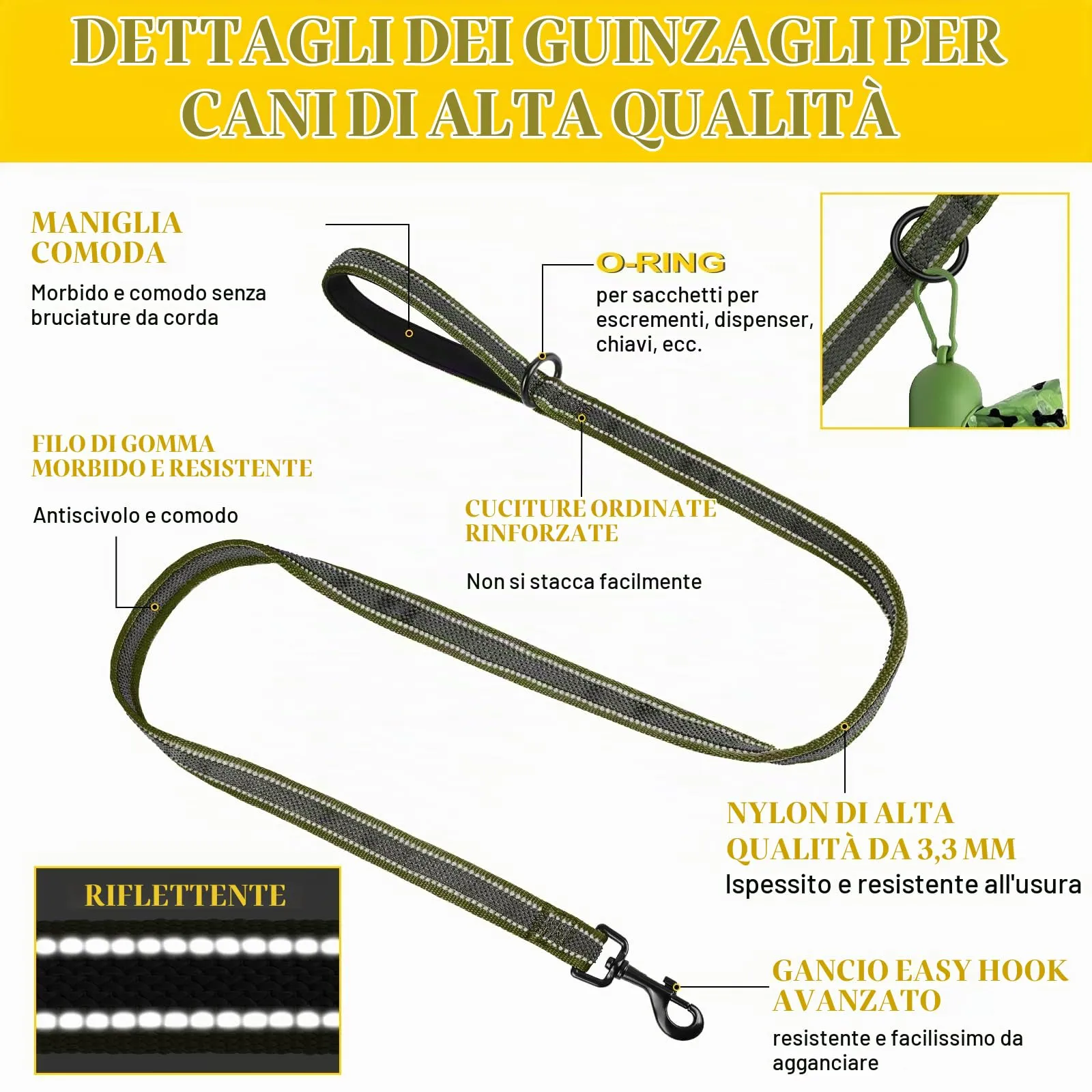 X XBEN Guinzaglio per Cani Riflettente, 20mm x 1,5m, Verde Oliva - immagine 6