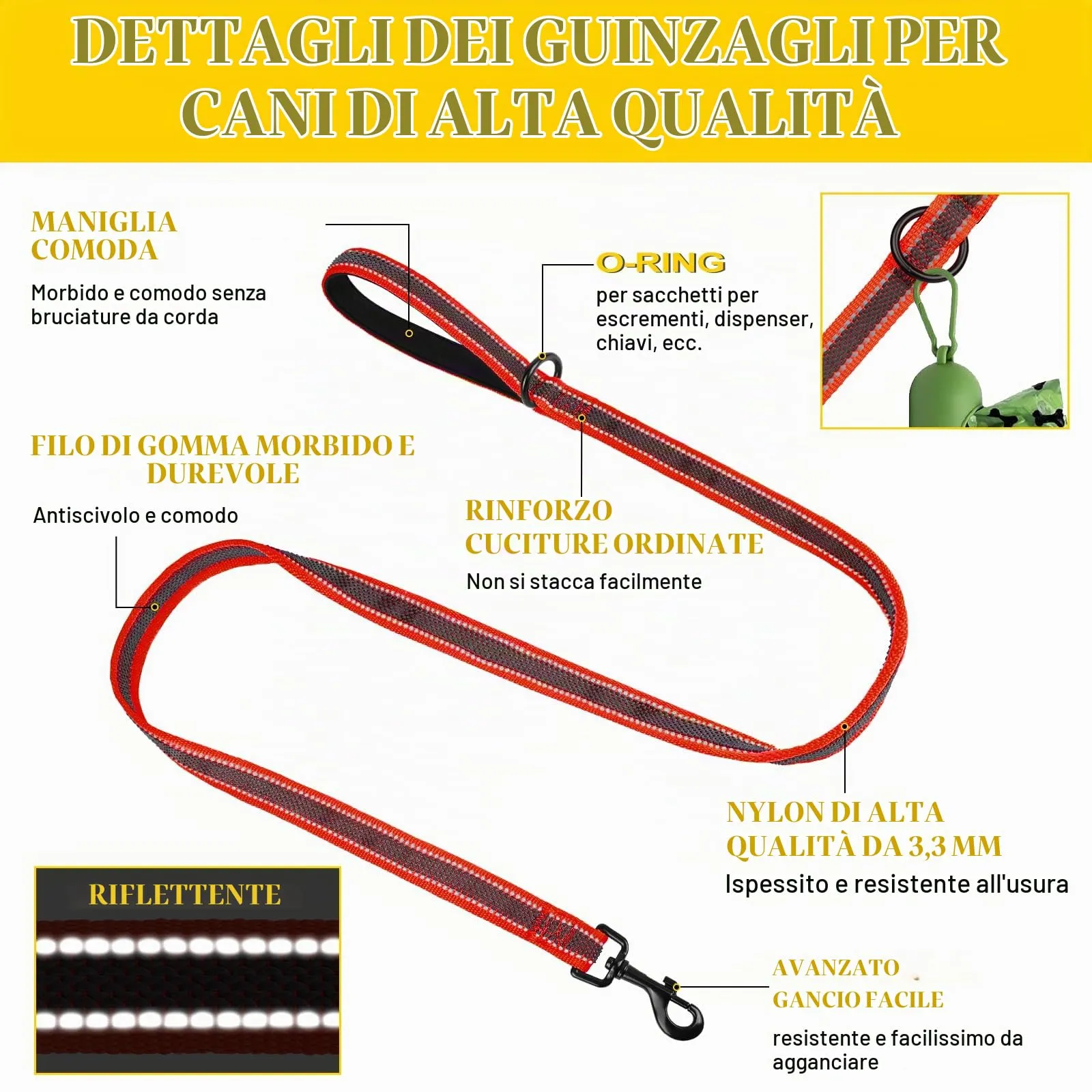 X XBEN Guinzaglio per Cani Riflettente, 20mm x 1,8m, con Manico Imbottito, Rosso - immagine 3