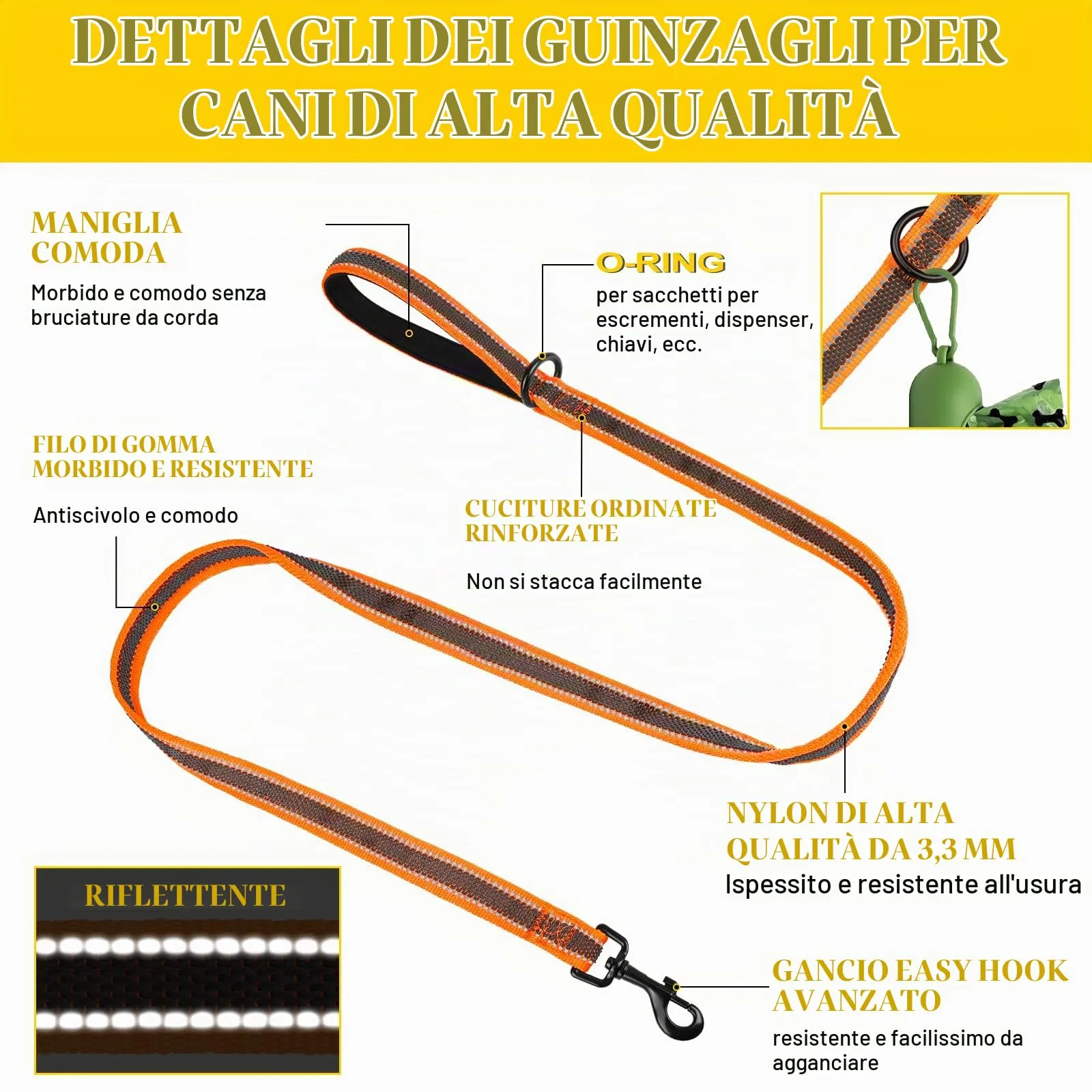 X XBEN Guinzaglio per Cani Riflettente, 20mm x 2,2m, Manico Imbottito, Arancione - immagine 6