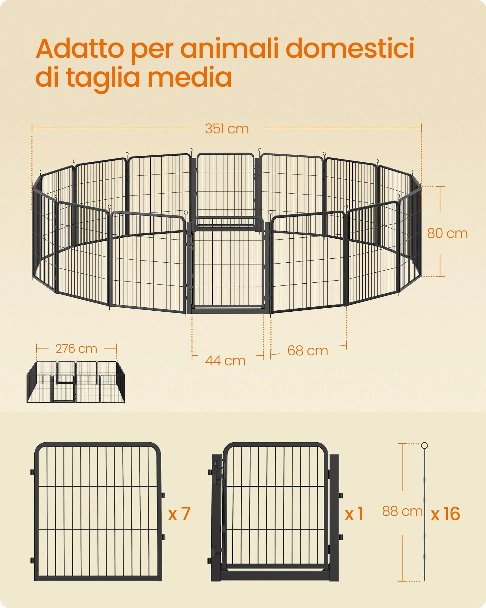 Feandrea Recinto per Cani in Metallo con Porta, 16 Pannelli, 276 x 276 x 80 cm, Nero, PPK038B102 - immagine 5