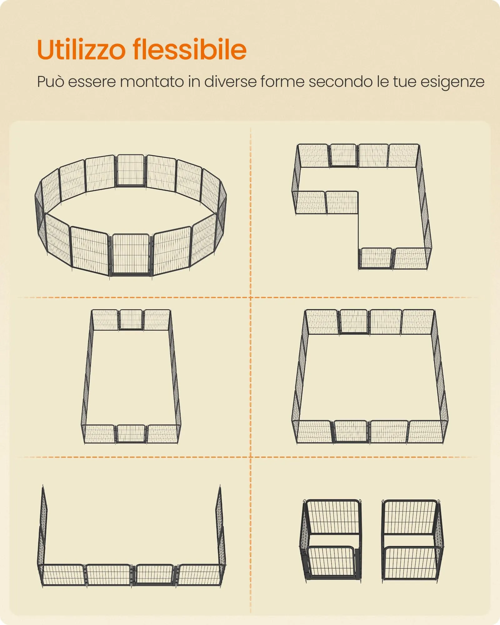 Feandrea Recinto per Cani in Metallo con Porta, 16 Pannelli, 276 x 276 x 80 cm, Nero, PPK038B102 - immagine 8