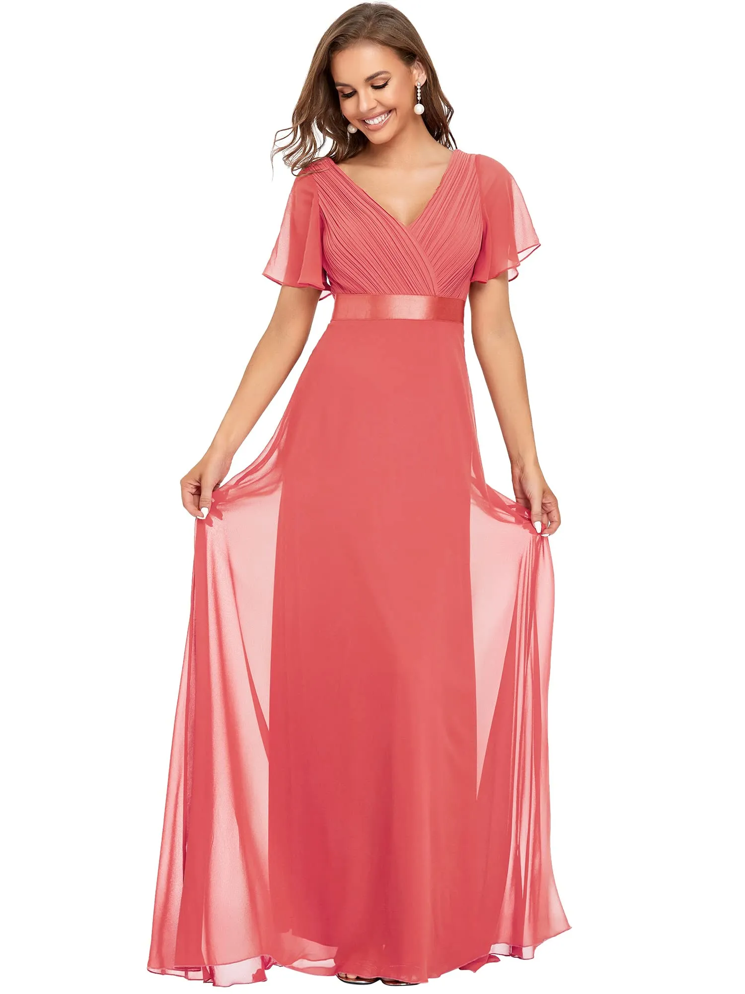 Ever-Pretty Abito da Damigella Donna Stile Impero Linea ad A Scollo a V Maniche Corte Lungo Corallo 56 - immagine 5