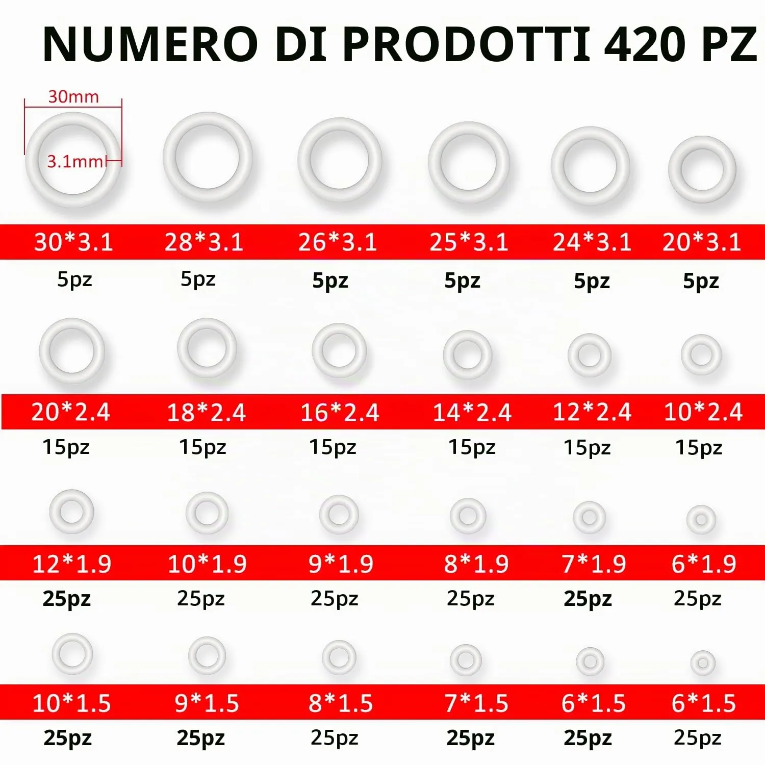 YIXISI Kit Assortimento O-ring in Silicone, 420 Pezzi, 24 Misure, Bianco - immagine 2