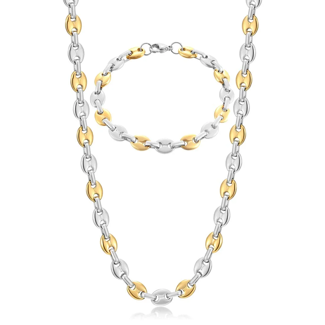AFSTALR Set Collana e Bracciale Chicco di Caffè in Acciaio Inossidabile, 6mm, Argento, 56cm - immagine 1