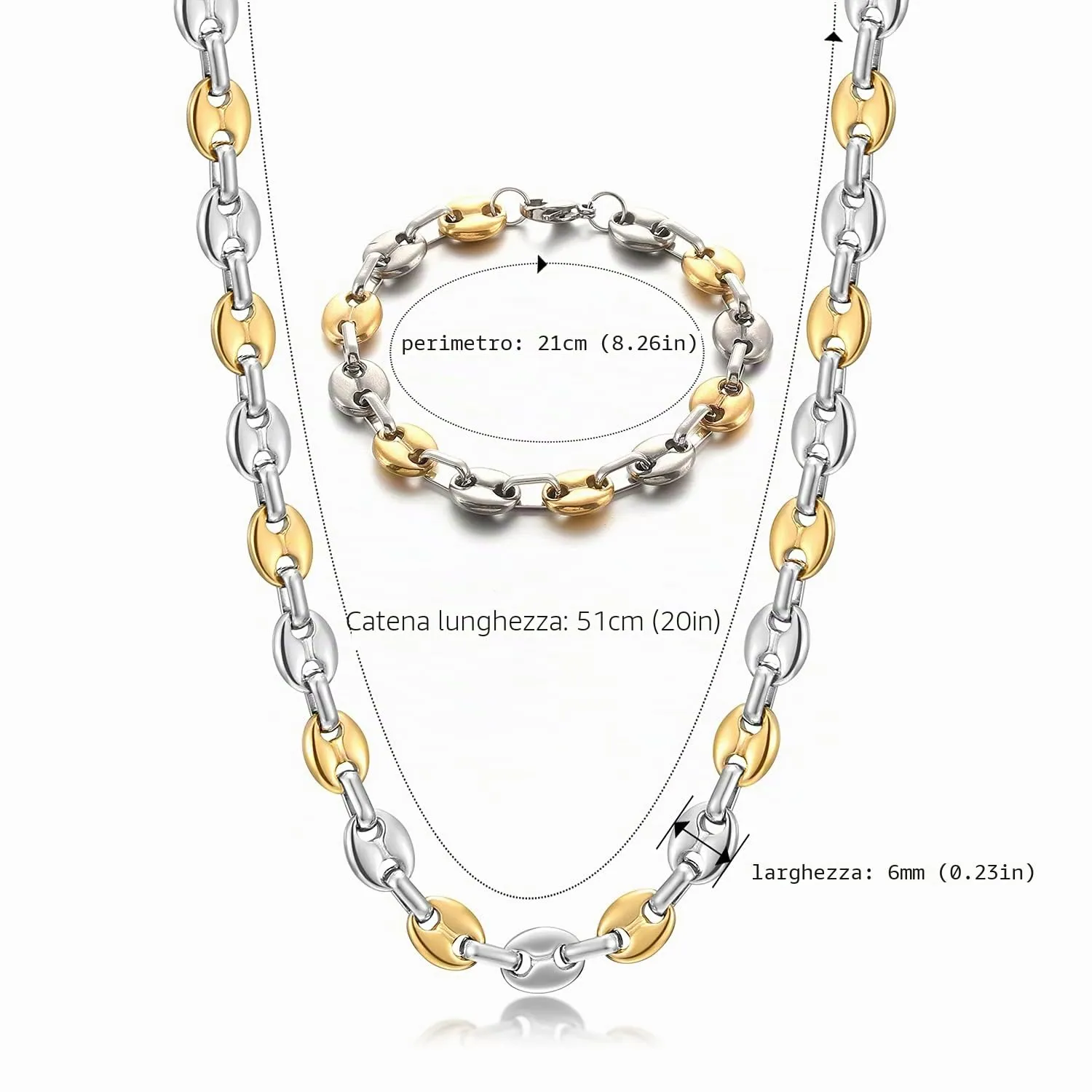AFSTALR Set Collana e Bracciale Chicco di Caffè in Acciaio Inossidabile, 6mm, Argento, 56cm - immagine 2