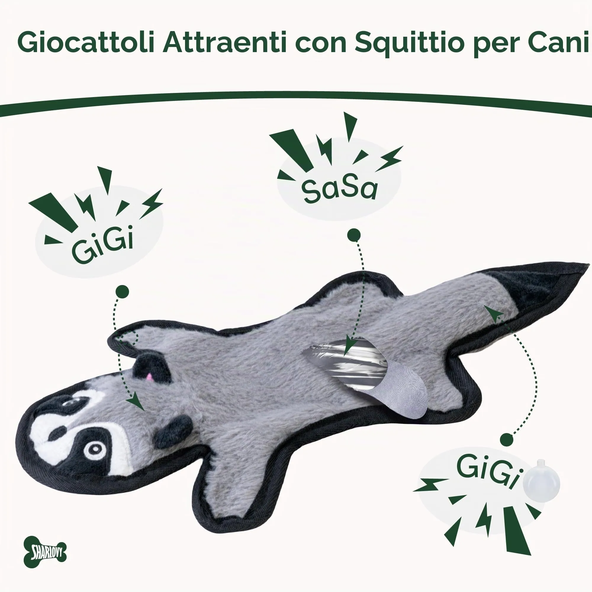 SHARLOVY Raccoon - Giocattolo per cani cigolante e crepitante, resistente per masticatori aggressivi, senza imbottitura, Small - immagine 3