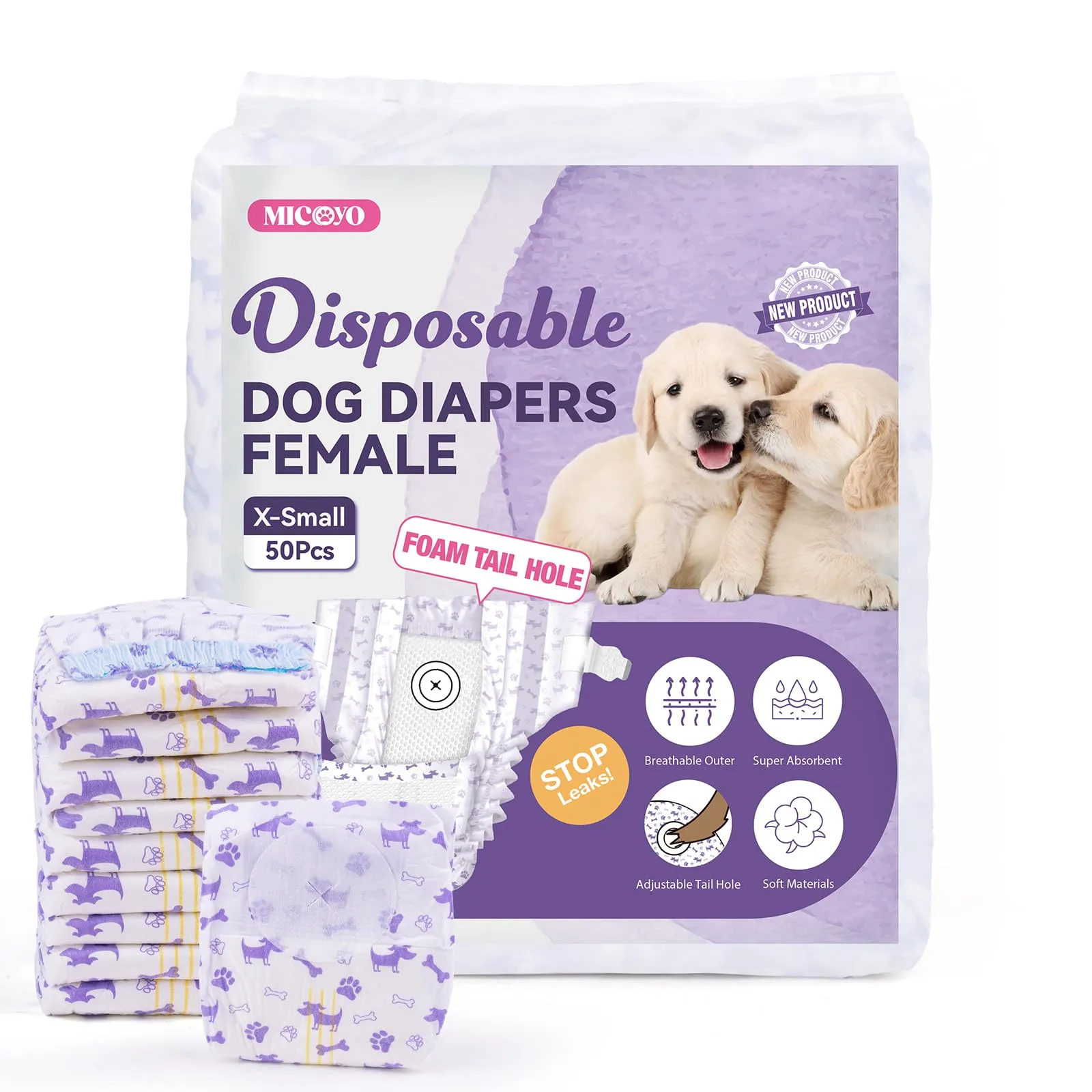 MICOOYO Pannolini Monouso per Cane Femmina e Gatti, XS, 50 pezzi - immagine 1