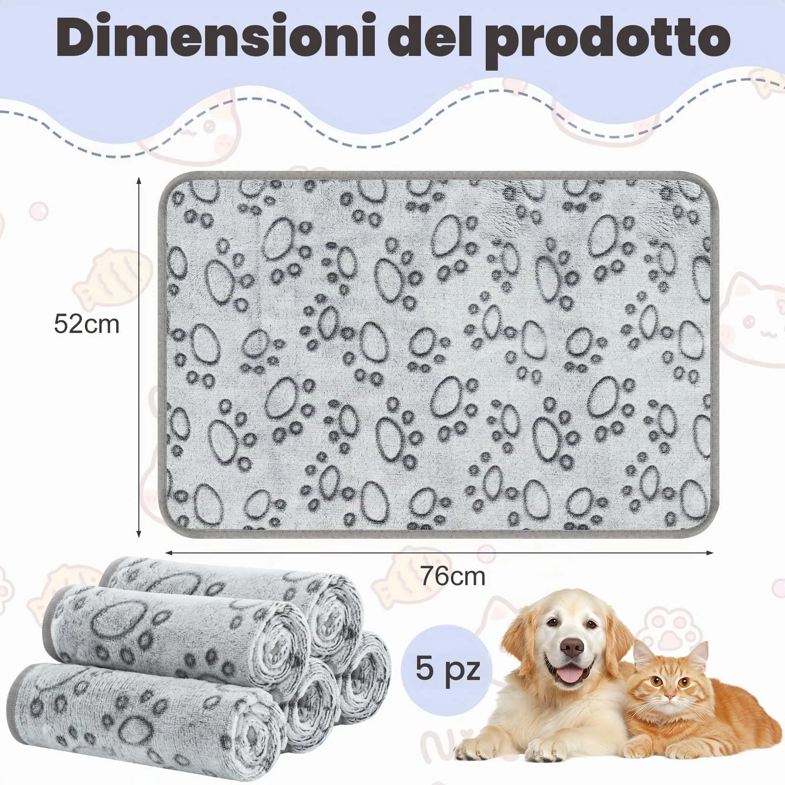 Omtofo Coperta in Flanella per Cani e Gatti, 5 Pezzi, Grigio (76×52cm) - immagine 4