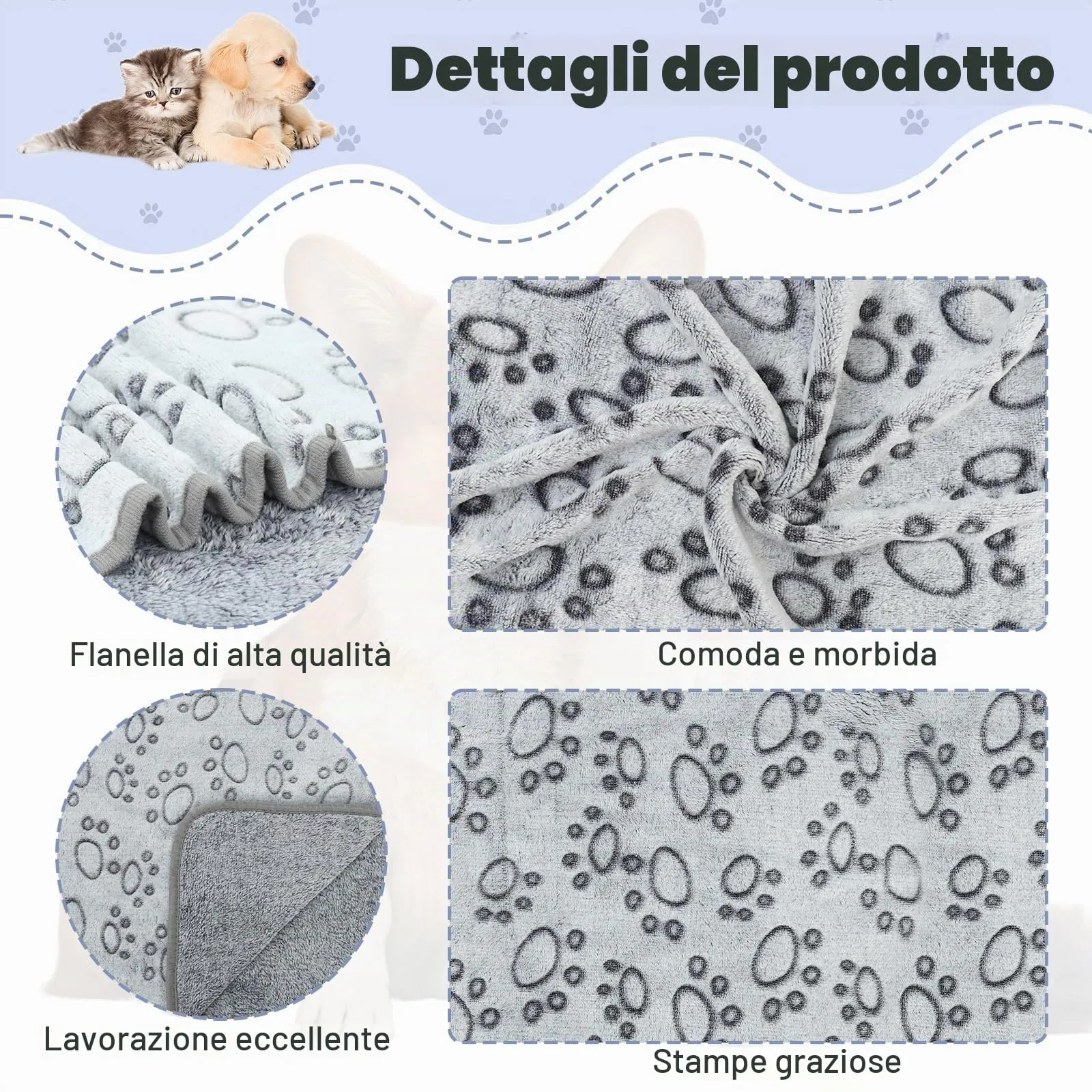 Omtofo Coperta in Flanella per Cani e Gatti, Lavabile, Grigio (60×40cm), Set da 5 Pezzi - immagine 3