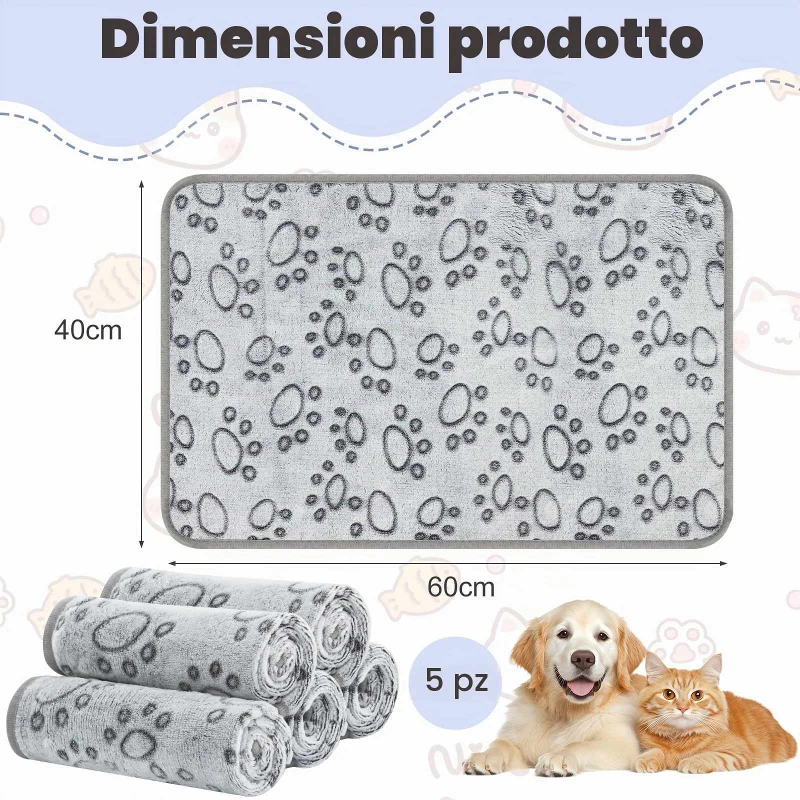 Omtofo Coperta in Flanella per Cani e Gatti, Lavabile, Grigio (60×40cm), Set da 5 Pezzi - immagine 4