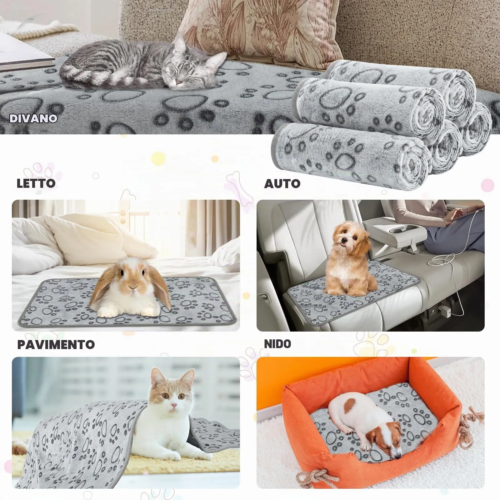 Omtofo Coperta in Flanella per Cani e Gatti, Lavabile, Grigio (60×40cm), Set da 5 Pezzi - immagine 6