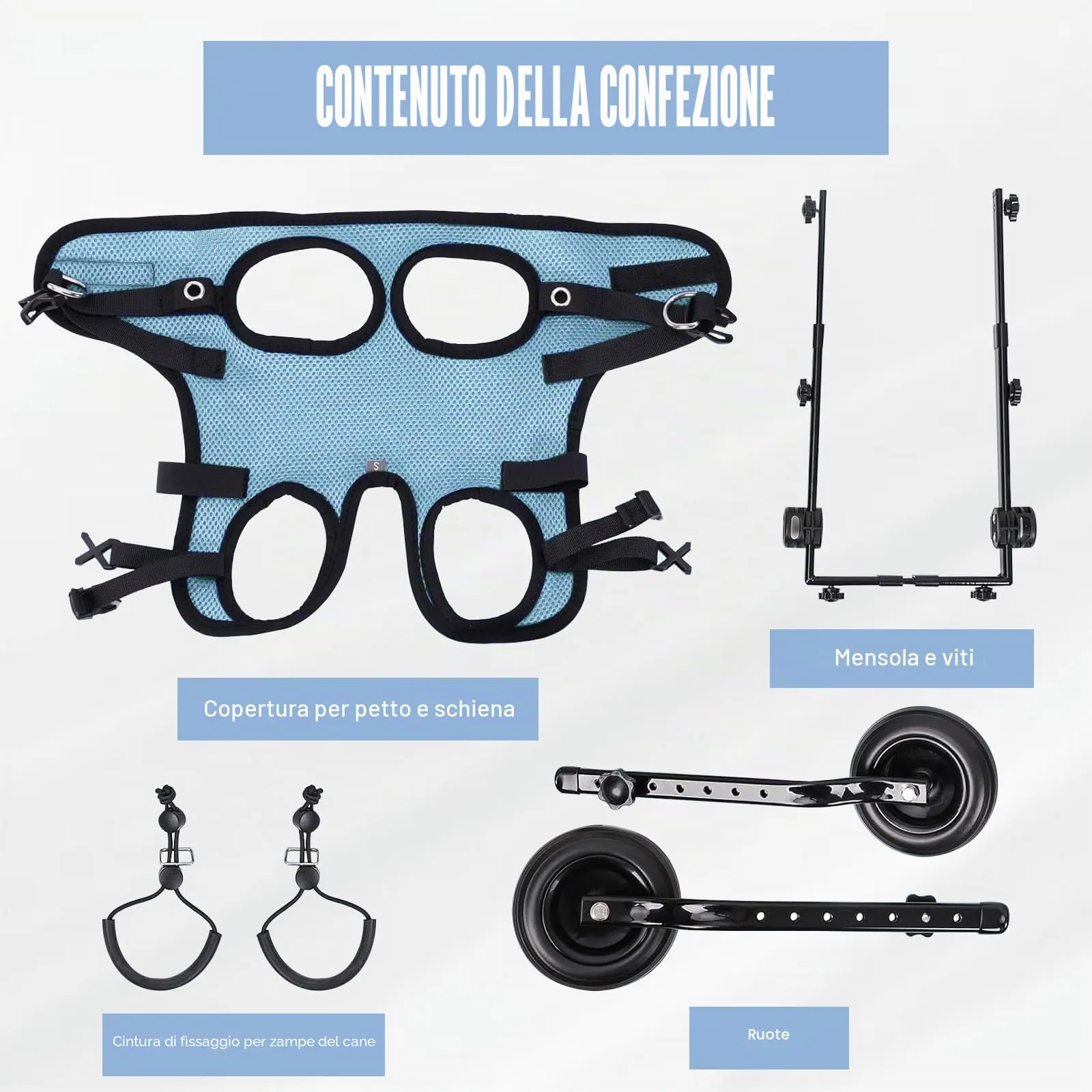 BOYIFEIJIE Sedia a rotelle per cani e gatti di piccola taglia, telaio in alluminio regolabile per mobilità arti posteriori, Blu, M (5–10 kg) - immagine 3