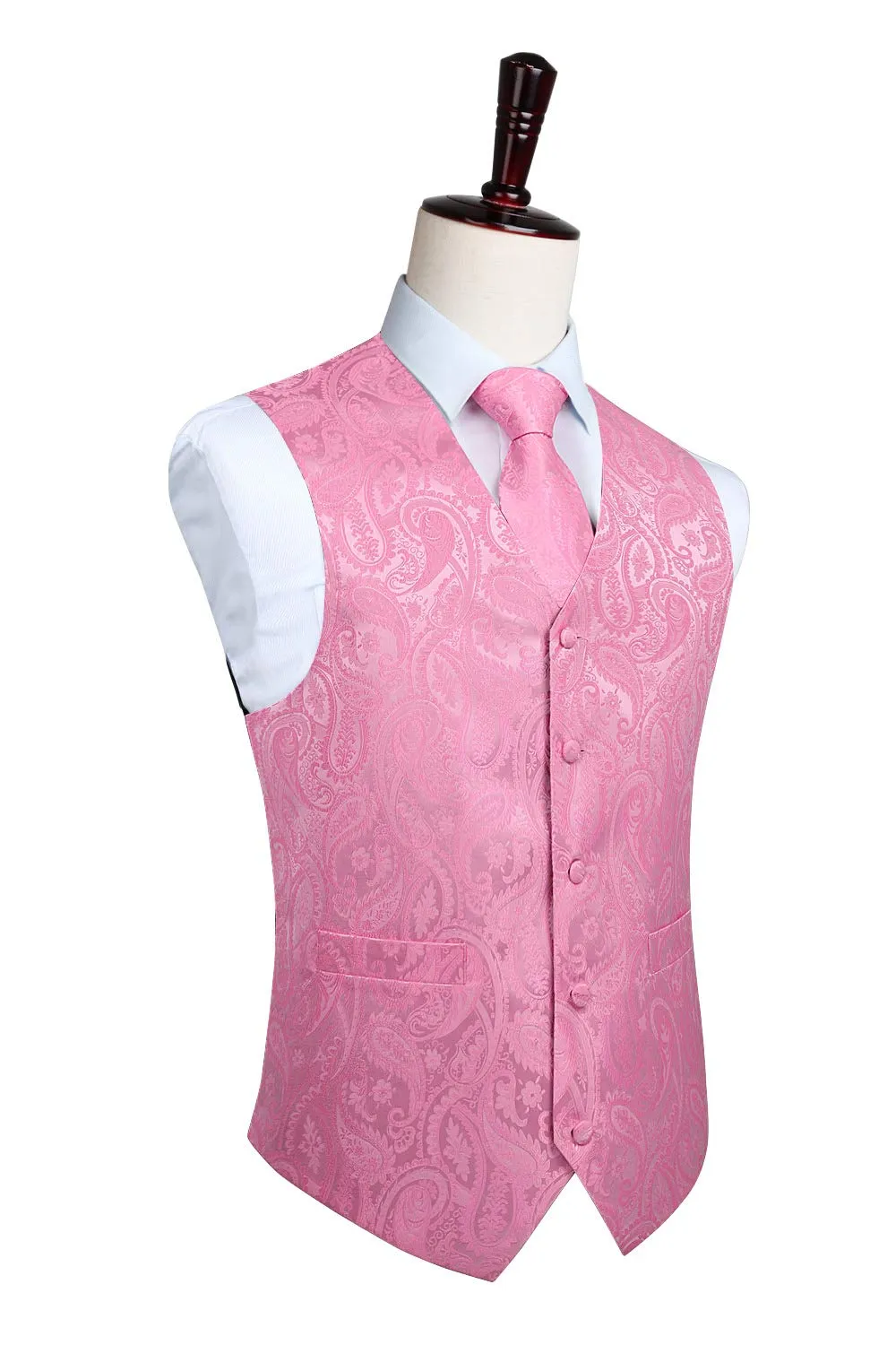 HISDERN Uomo Gilet Paisley Rosa Jacquard con Cravatta e Pocket Square, 3XL - immagine 7
