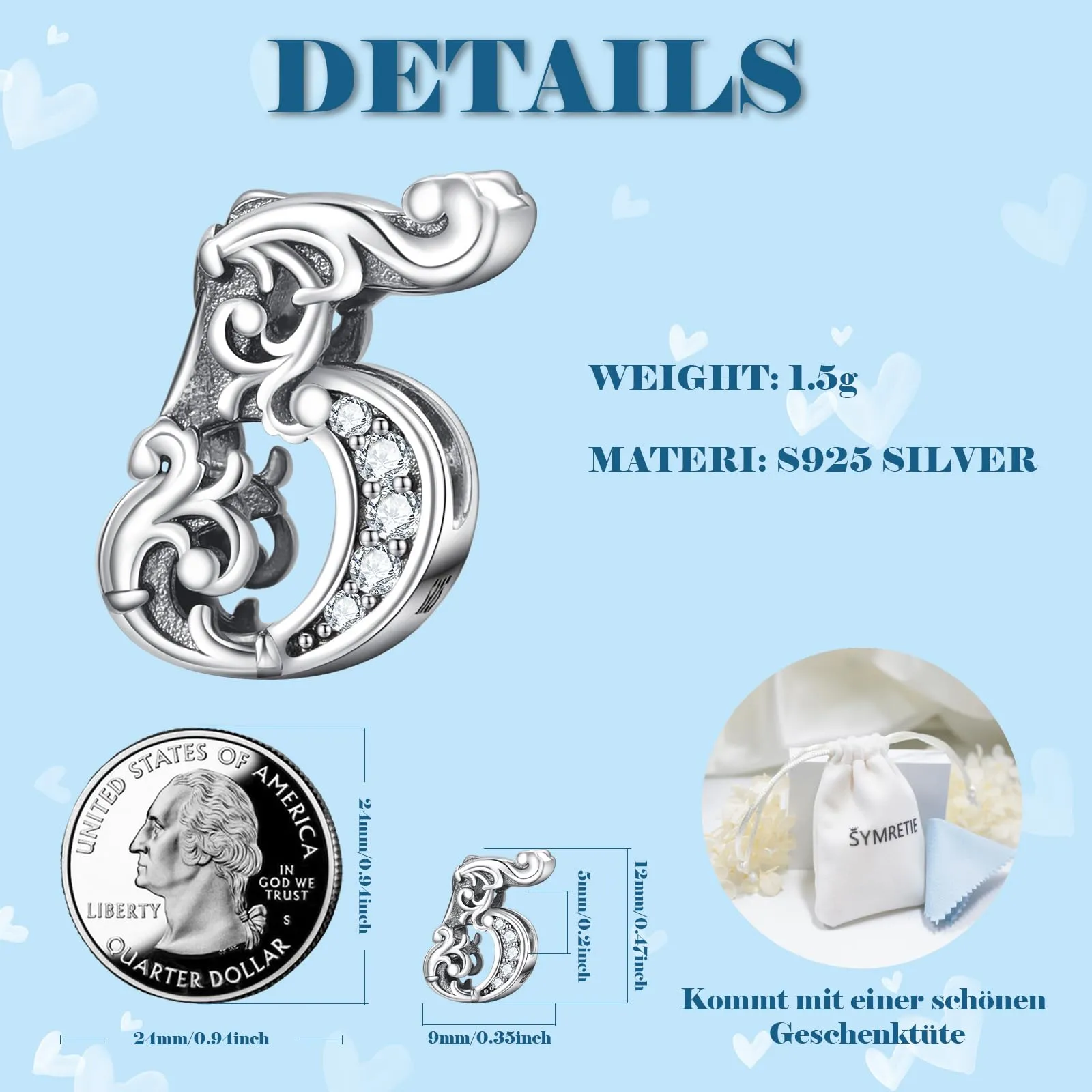 Symretie Bead Charm Ciondolo Argento Sterling 925 con Cubic Zirconia per Braccialetti e Collane Europee - immagine 2