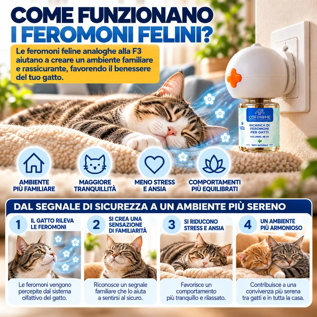 COFIHOME Diffusore Feromoni per Gatti, 2 Diffusori e 6 Ricariche da 48 ml - immagine 3