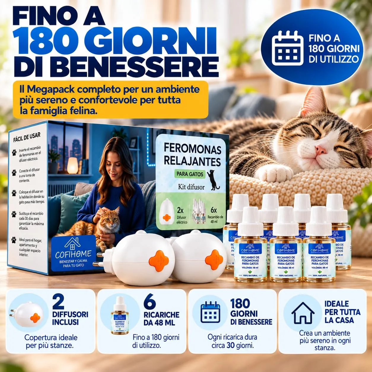 COFIHOME Diffusore Feromoni per Gatti, 2 Diffusori e 6 Ricariche da 48 ml - immagine 5