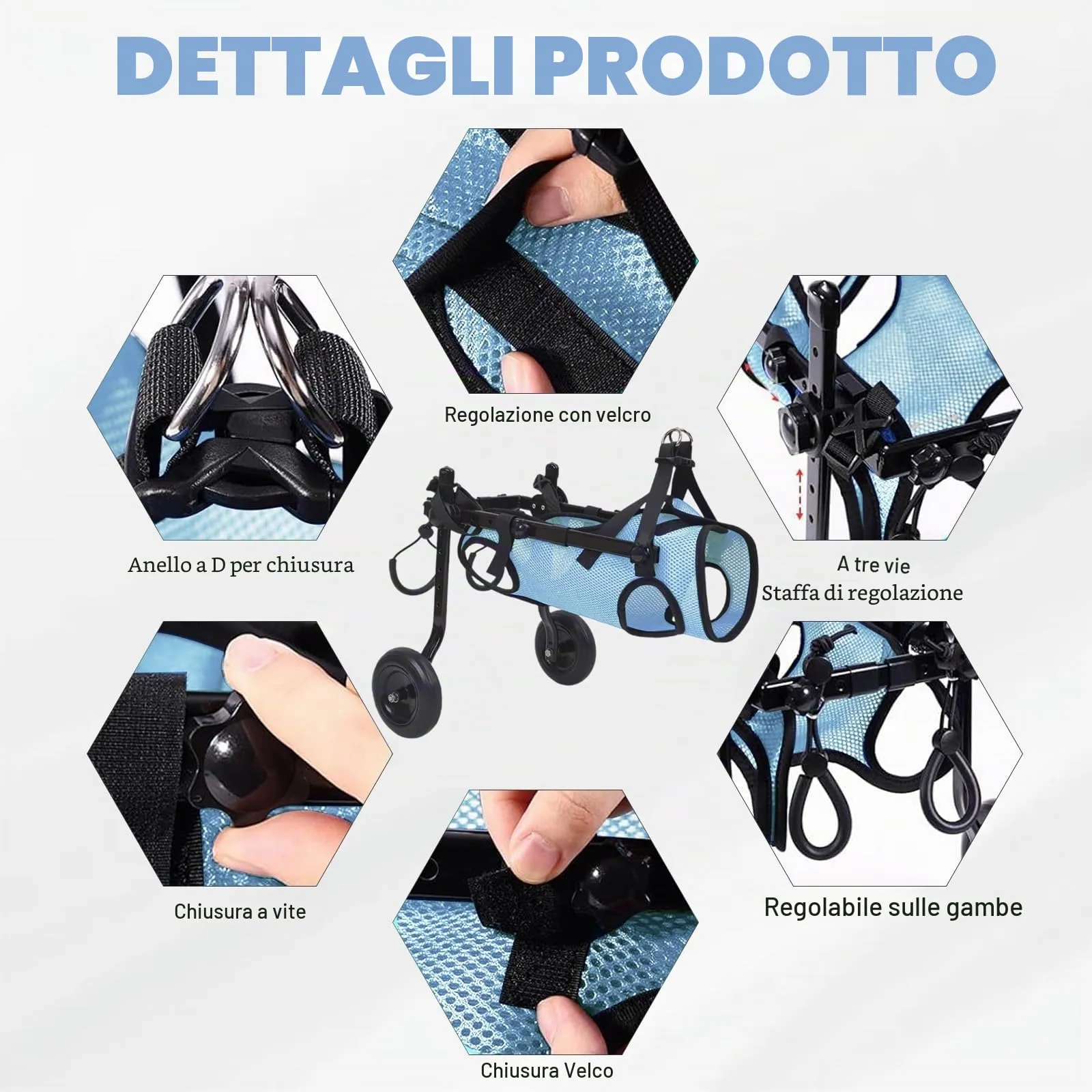 BOYIFEIJIE Sedia a rotelle per cani e gatti di piccola taglia, telaio in alluminio regolabile, Blu, XS (peso fino a 3,5 kg) - immagine 4