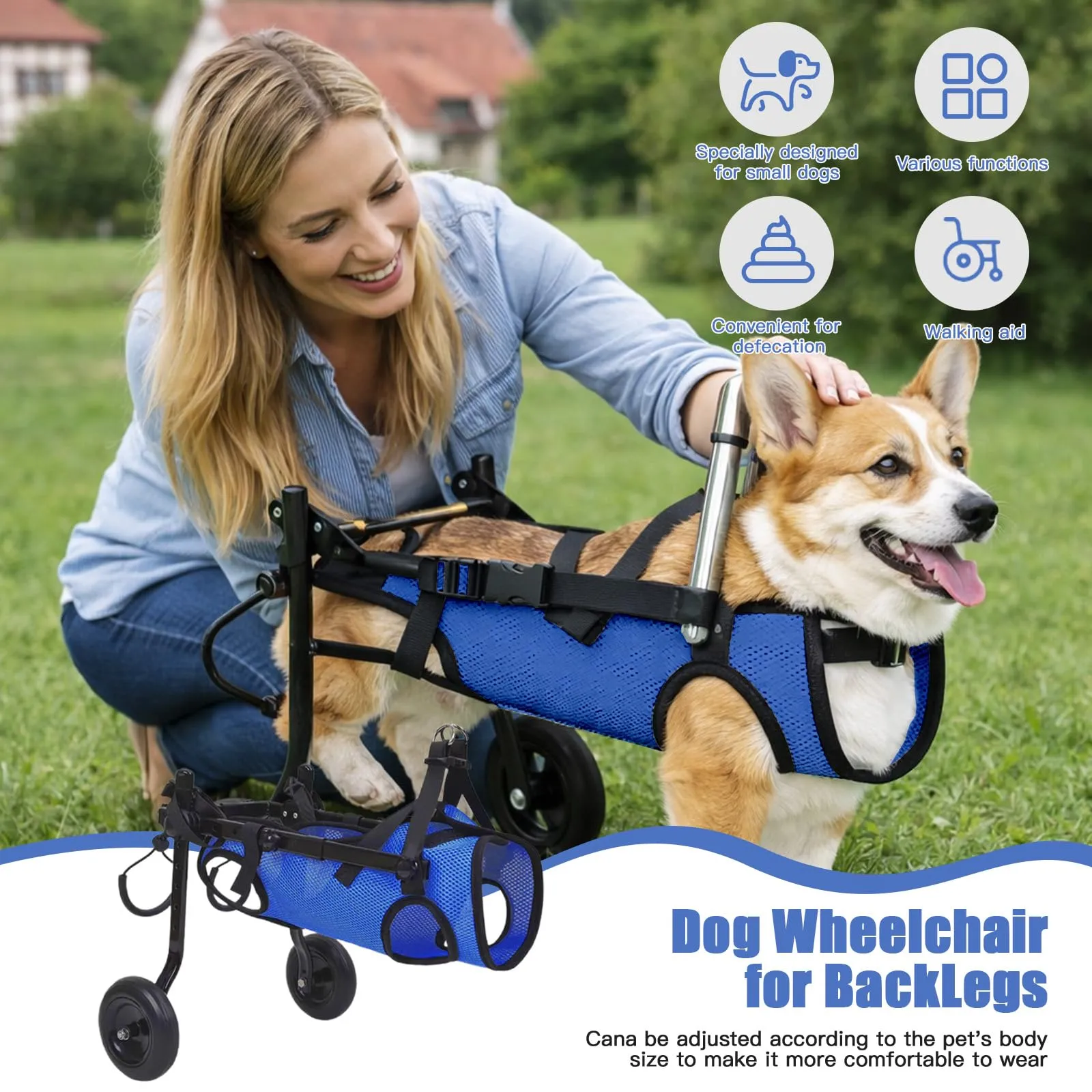 BOYIFEIJIE Sedia a rotelle per zampe posteriori per cani e gatti di piccola taglia, telaio in alluminio regolabile, blu scuro, S (3–5,5 kg) - immagine 5
