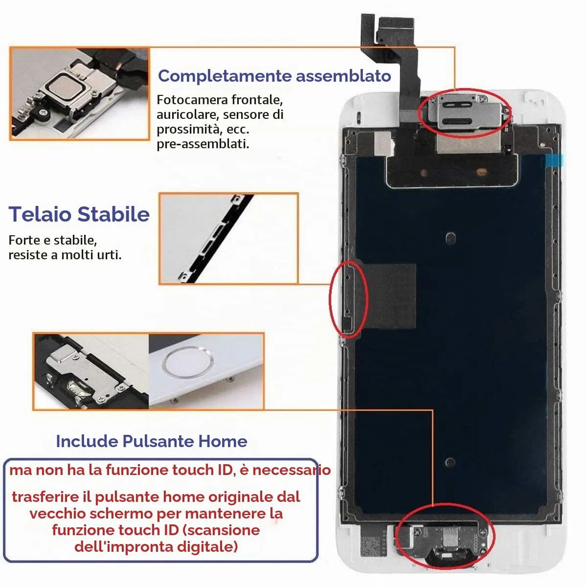 Brinonac Display LCD Digitizer Touch per iPhone 6s 4,7" Bianco - immagine 2