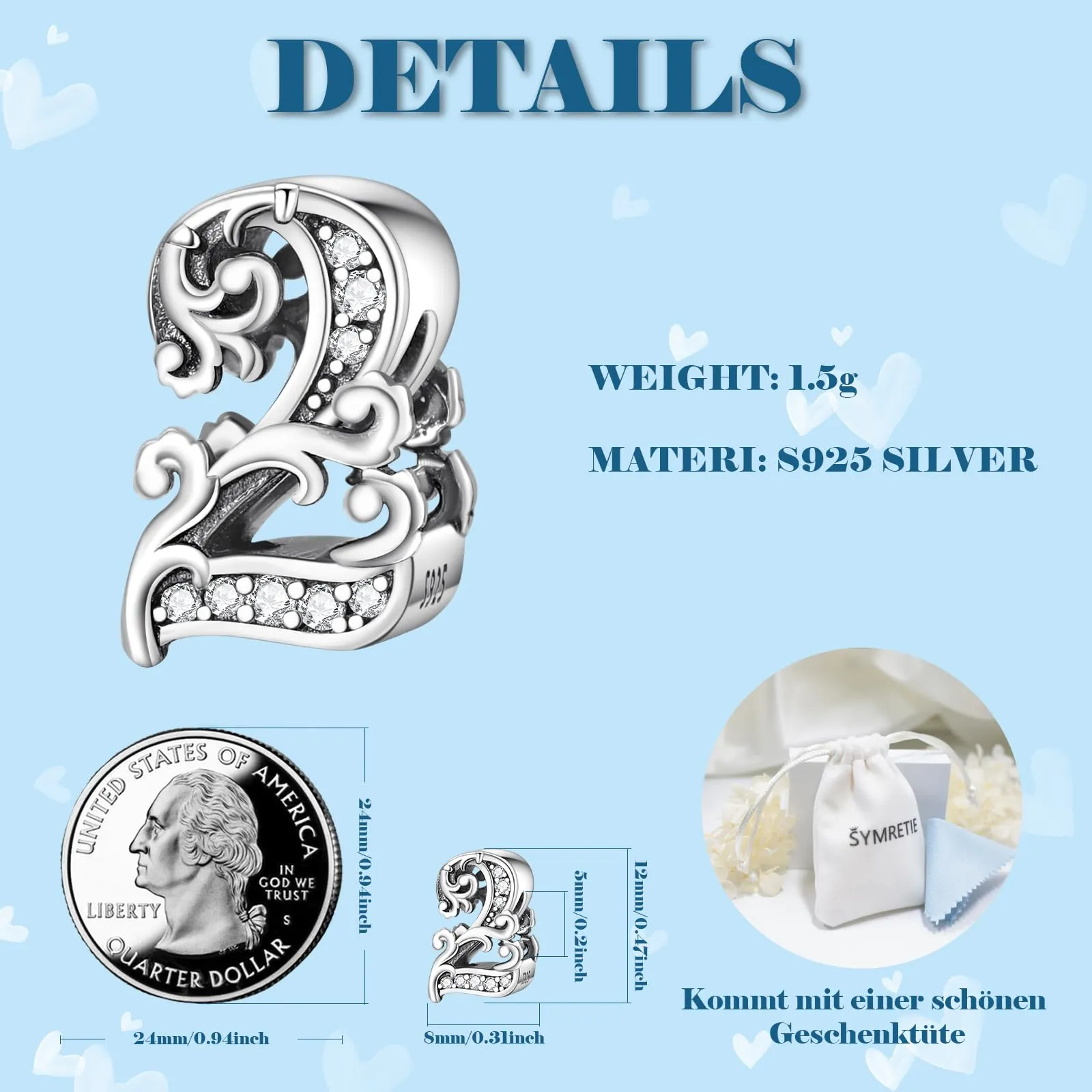 Symretie Bead Charm Ciondolo Argento Sterling 925 con Cubic Zirconia per Braccialetti e Collane Europei - immagine 2
