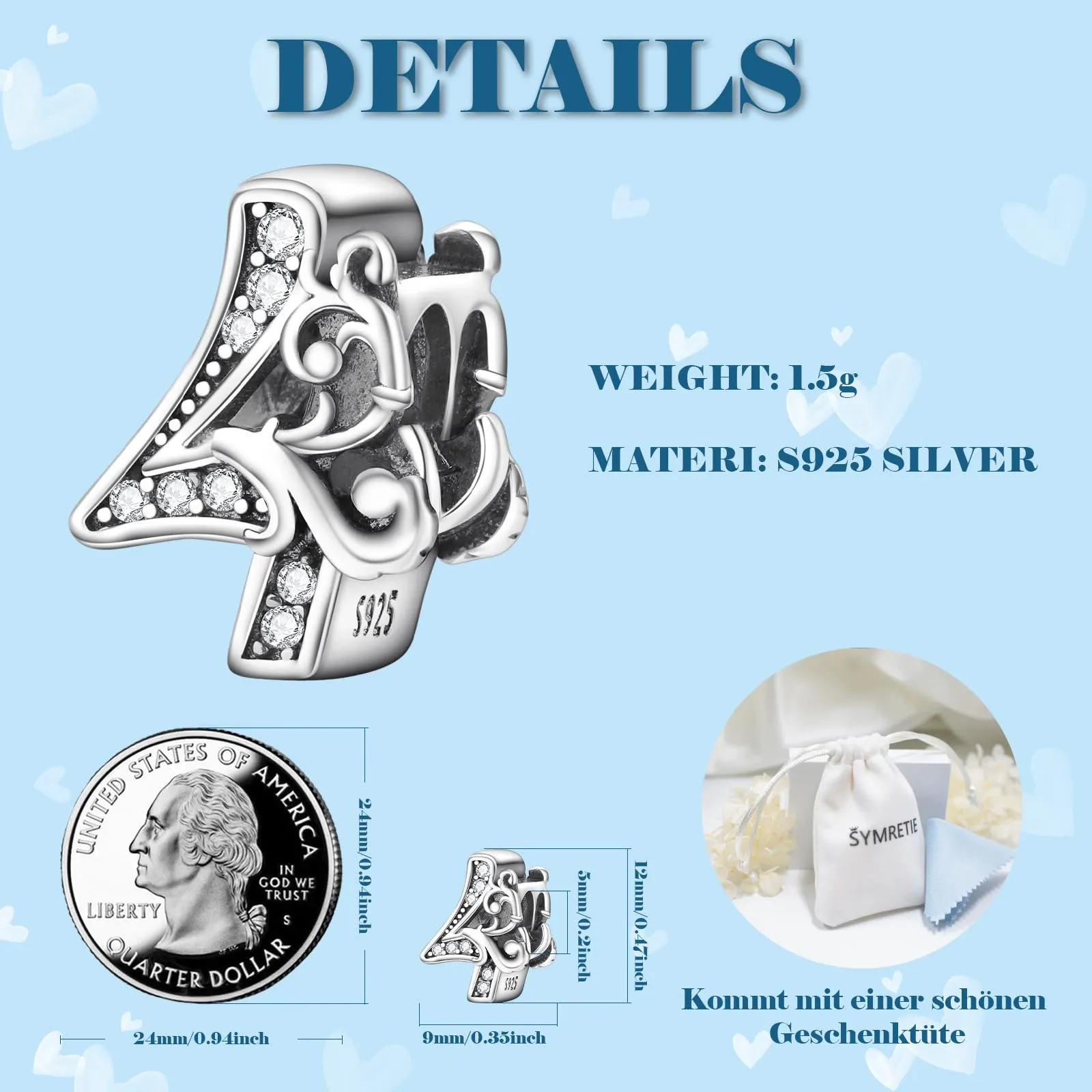 Symretie Bead Charm Ciondolo Argento Sterling 925 con Cubic Zirconia per Braccialetti e Collane Europei - immagine 2